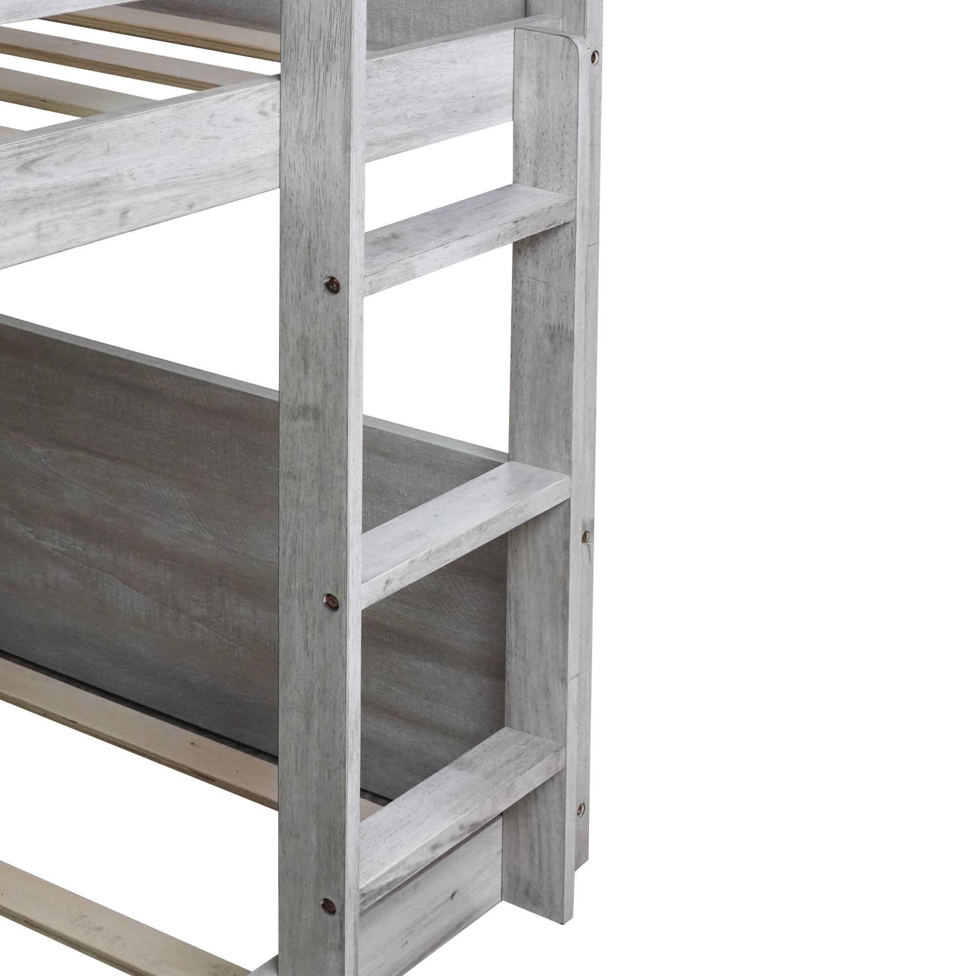 Back. GOODSILO - Solid Wood Twin Over Twin Floor Bunk Bed with Panelled Headboard and Footboard, Built-in Ladder and Safety Guardrails - Antique White.