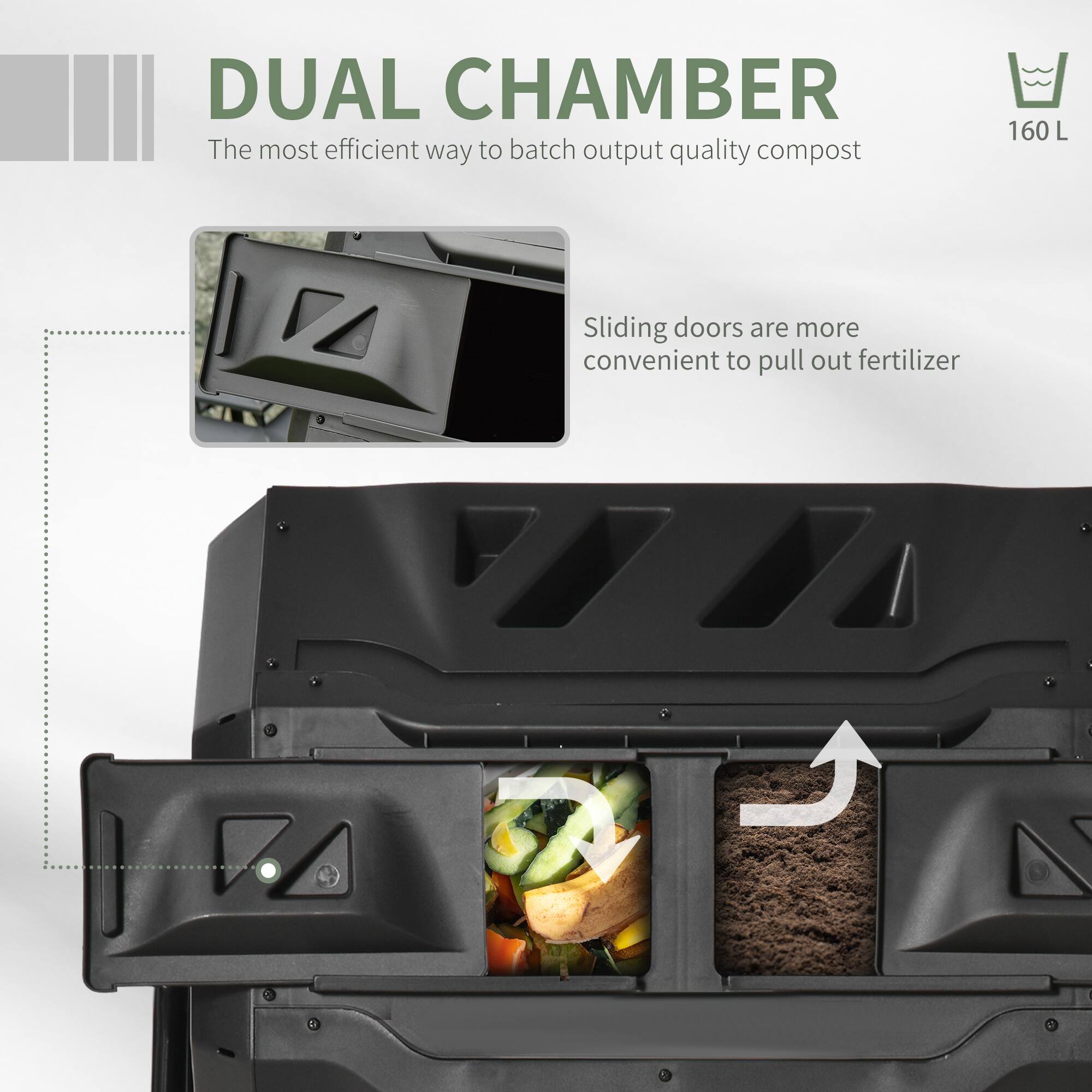 DUAL CHAMBER
The most efficient way to batch output quality compost
160 L
Sliding doors are more convenient to pull out fertilizer