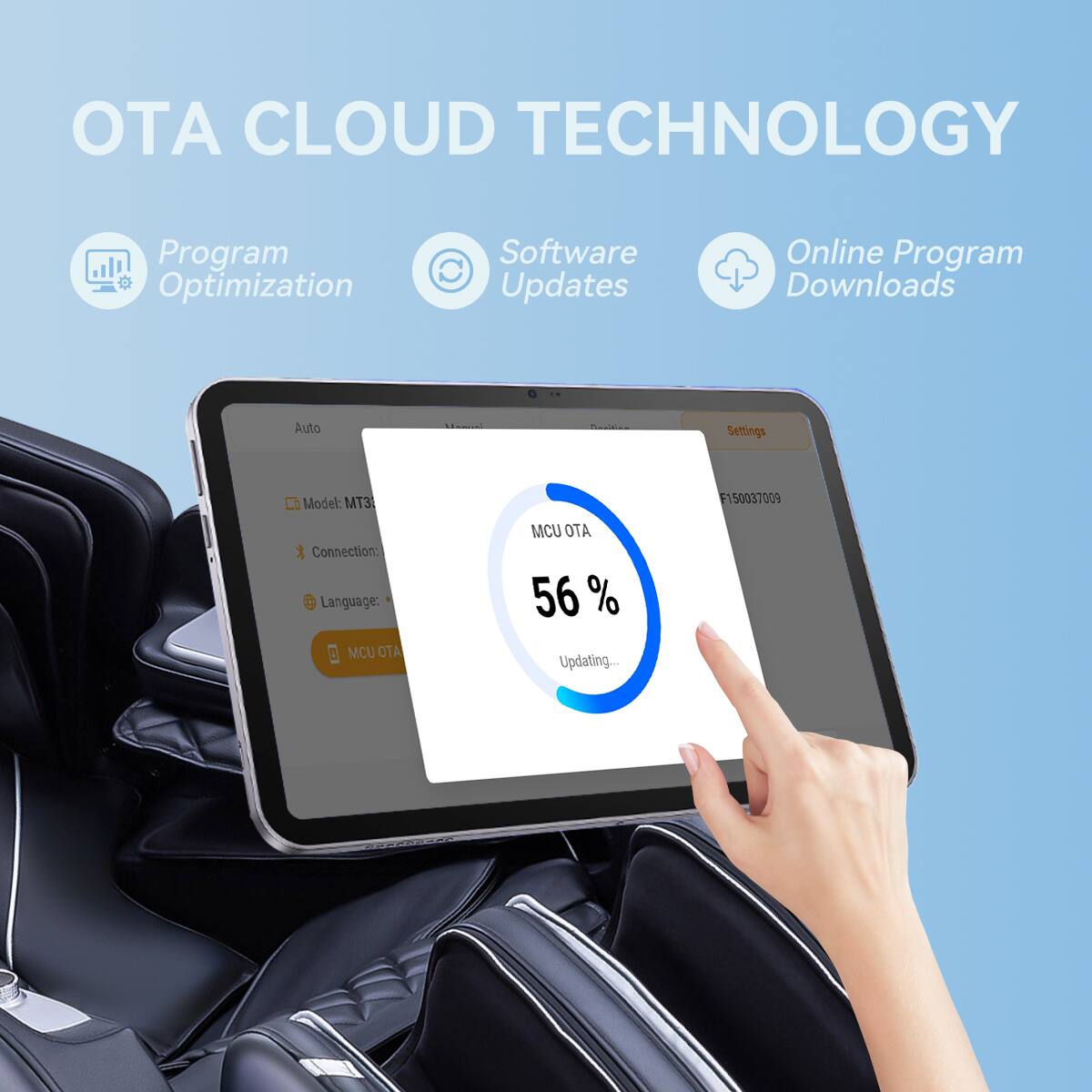 OTA CLOUD TECHNOLOGY

Program Optimization
Software Updates
Online Program Downloads

Auto
Settings
Model: MT3
Connection: 100
Language: MCU ATO
MCU ATO 56% Updating...
50037009