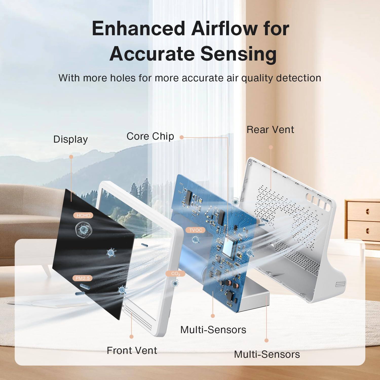 Enhanced Airflow for Accurate Sensing  
With more holes for more accurate air quality detection

- Display
- Core Chip
- Rear Vent
- HCHO
- TVOC
- PM2.5
- CO2
- Multi-Sensors
- Front Vent
- Multi-Sensors