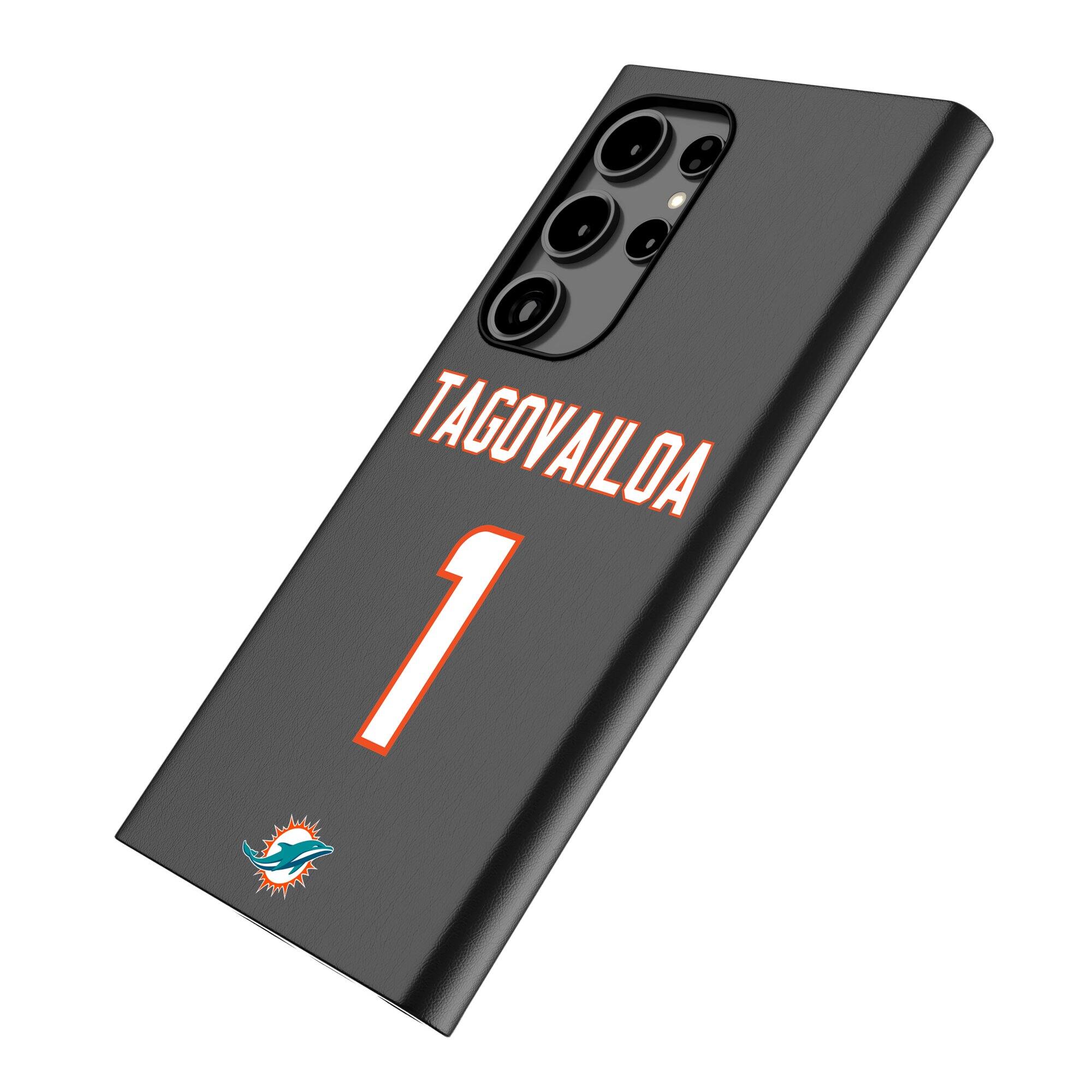 Alt View 1. Keyscaper - Tua Tagovailoa Black Miami Dolphins Galaxy Magnetic Bump Case - S25 Ultra - Black.