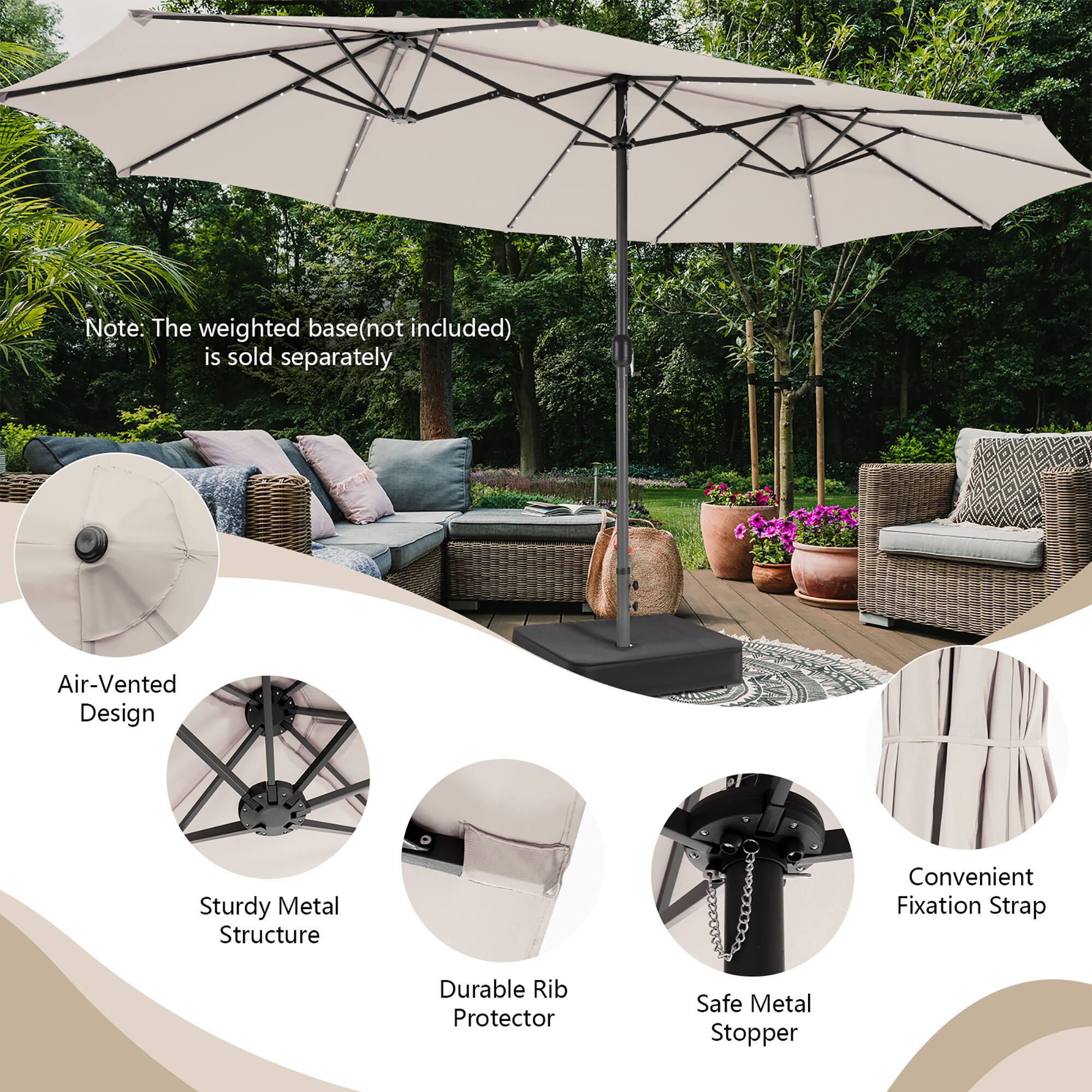 The image features a large white umbrella, which is placed in a backyard setting. The umbrella is open and positioned over a patio set, providing shade and a comfortable outdoor space. The umbrella is accompanied by a sturdy metal structure, ensuring stability and durability. Additionally, the umbrella comes with a convenient fixation strap and a durable rib protector, ensuring that it remains securely in place and protects the ribs from any potential damage. The umbrella also includes a safe metal stopper, which serves as an extra safety measure.