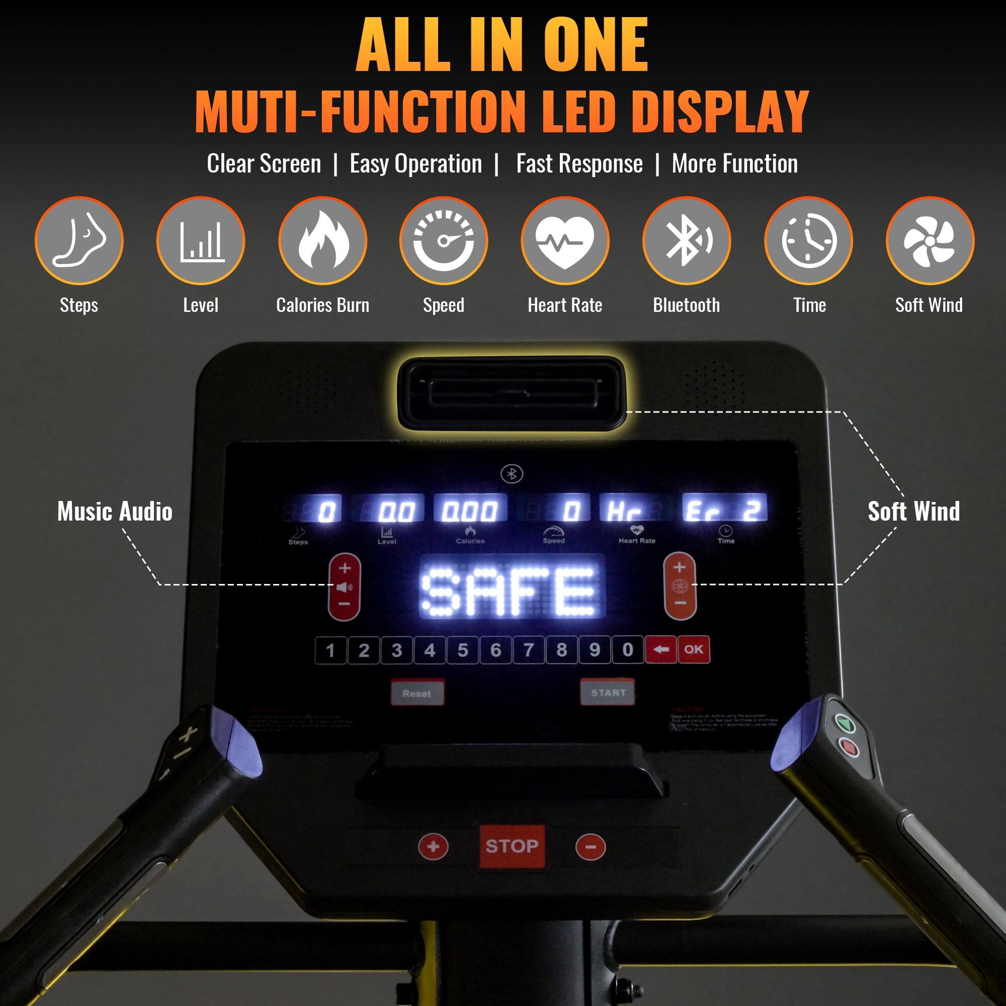 ALL IN ONE MULTI-FUNCTION LED DISPLAY  
Clear Screen | Easy Operation | Fast Response | More Function  

Steps  
Level  
Calories Burn  
Speed  
Heart Rate  
Bluetooth  
Time  
Soft Wind  
Music Audio  

0  
00 000  
0  
00 000  
0  
00 000  
0  
00 000  
0  
00 000  
0  
00 000  
0  
00 000  
0  
00 000  
0  
00 000  
0  
00 000  
0  
00 000  
0  
00 000  
0  
00 000  
0  
00 000  
0  
00 000  
0  
00 000  
0  
00 000  
0  
00 000  
0  
00 000  
0  
00 000  
0  
00 000  
0  
00 000  
0  
00 000  
0  
00 