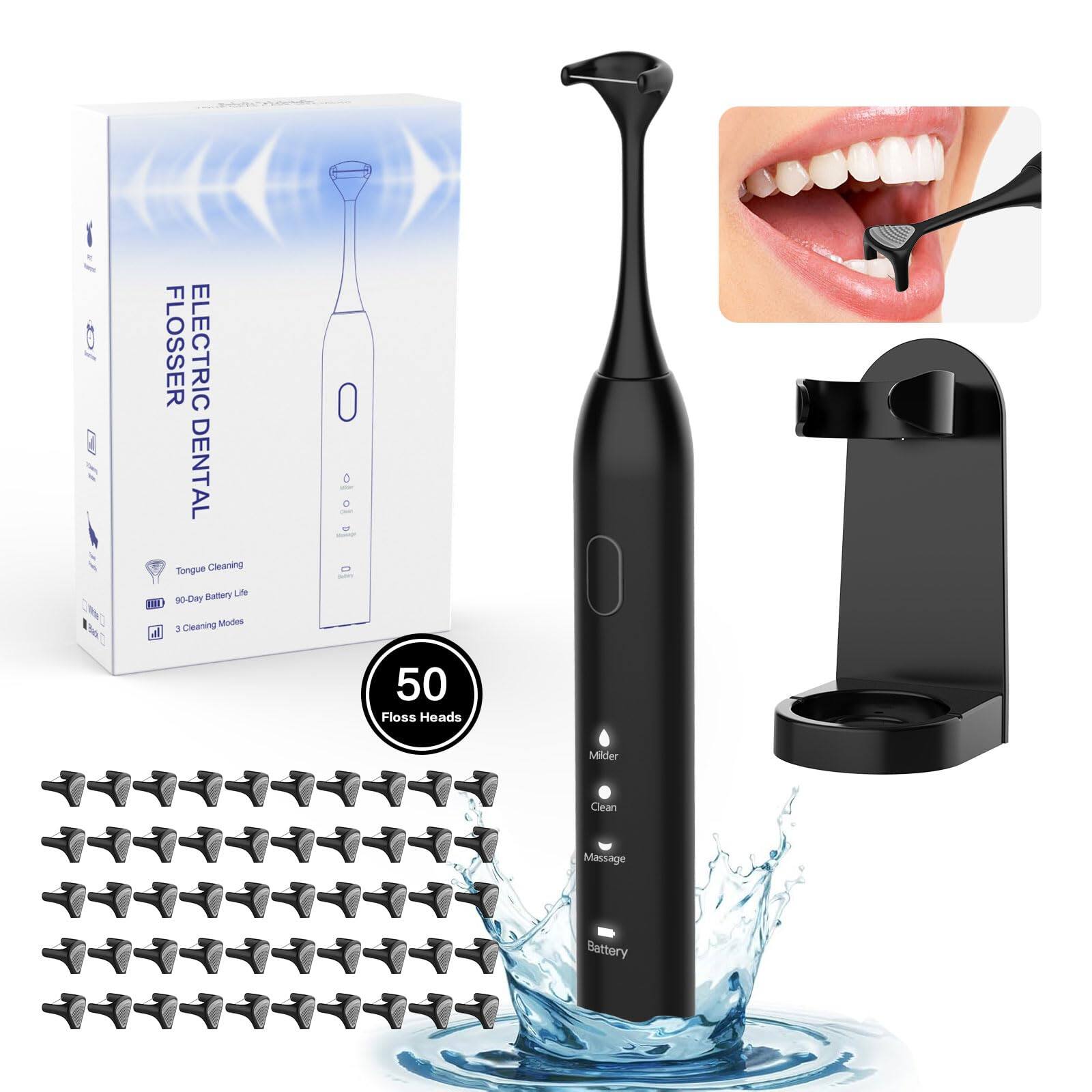 Flosser Electric Dental  
Tongue Cleaning  
90-Day Battery Life  
3 Cleaning Modes  
50 Floss Heads  
Milder Clean Massage Battery