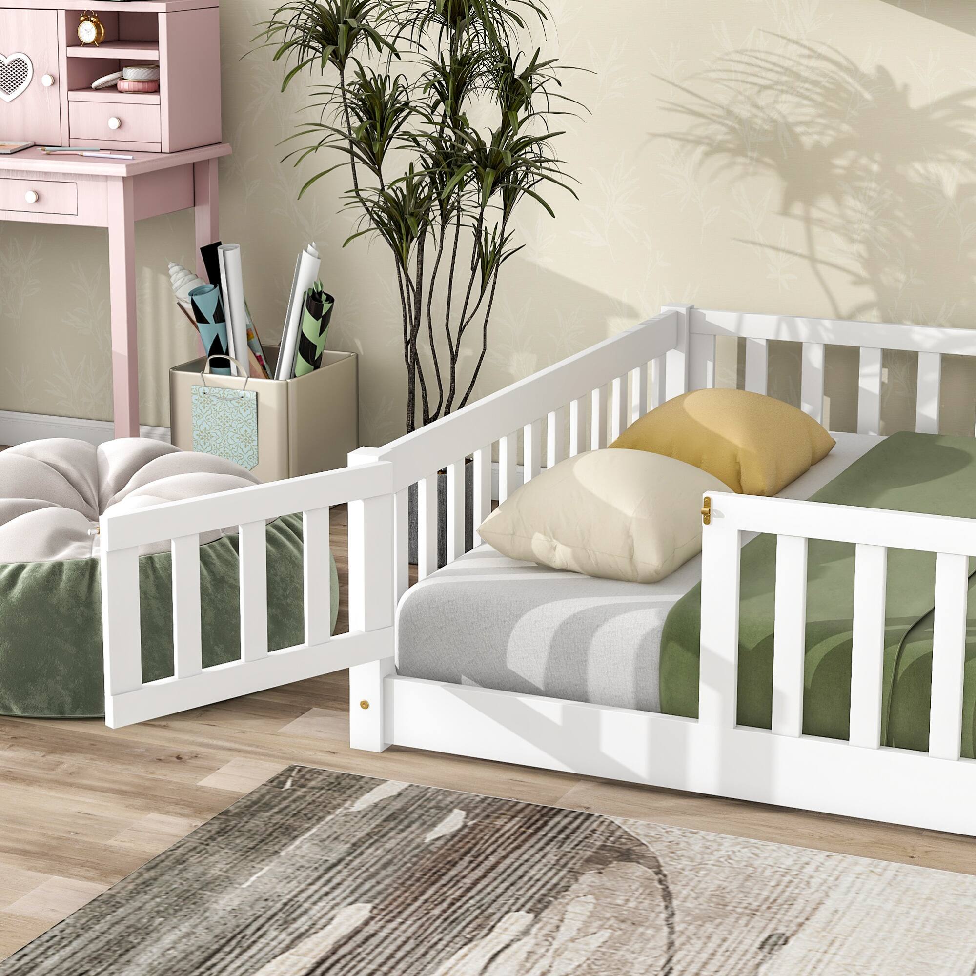 Alt View 2. GOODSILO - Full Size Low Profile Children's Floor Bed with Safety Guardrails and Entry Door, Solid Wood Construction - White.