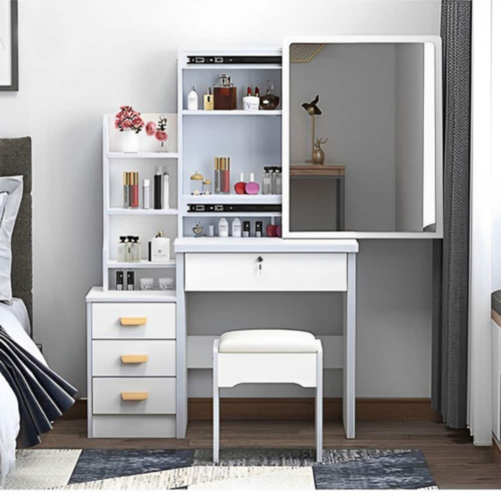 LUCKY ONE - Vanity Desk with 3-Color Adjustable Lighted Mirror, Chair and 4 Drawers for Bedroom - White