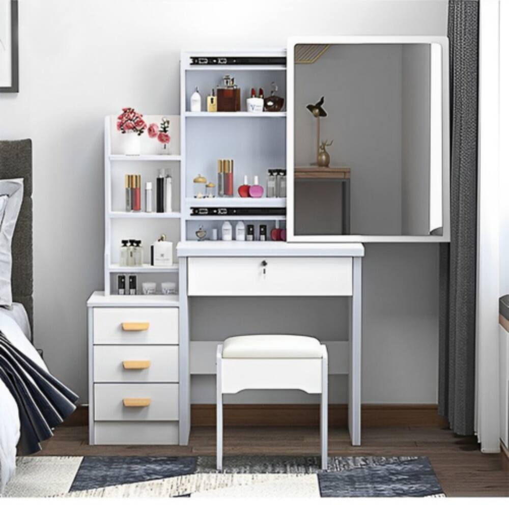 Front. LUCKY ONE - Vanity Desk with 3-Color Adjustable Lighted Mirror, Chair and 4 Drawers for Bedroom - White.