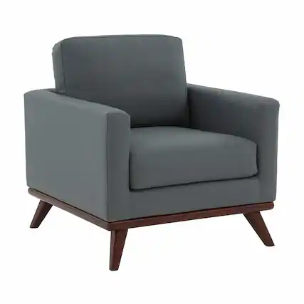 Front. LeisureMod - Chester Mid-Century Modern Leather Accent Chair, Birch Wood Frame Armchair - Easy Assembly - Grey.