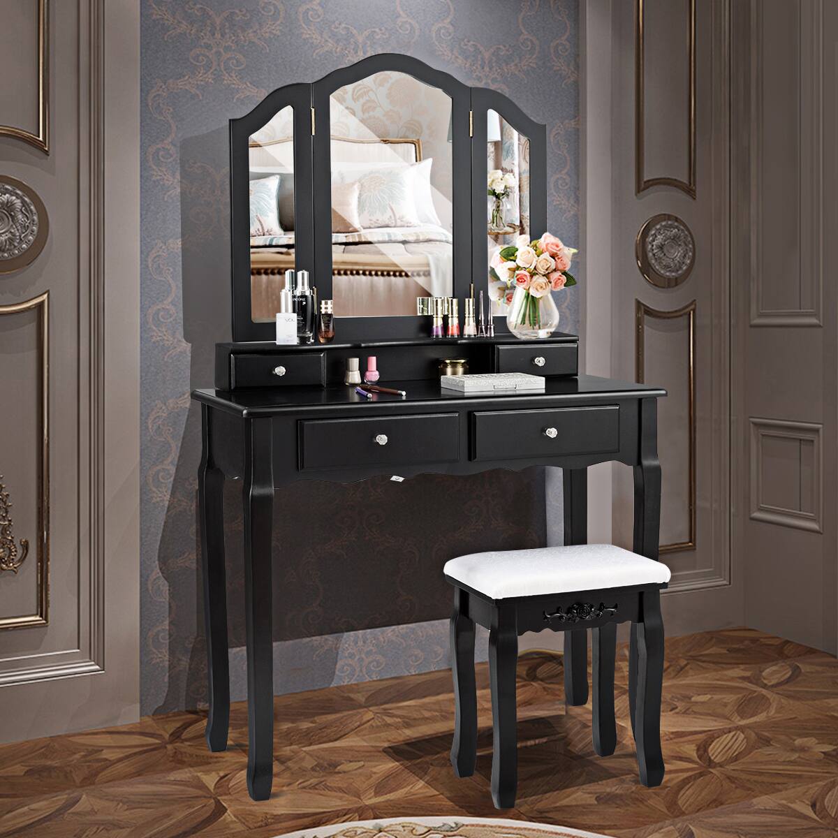 Alt View 1. Costway - Costway Tri Folding Mirror Vanity Makeup Table Stool Set - Black.