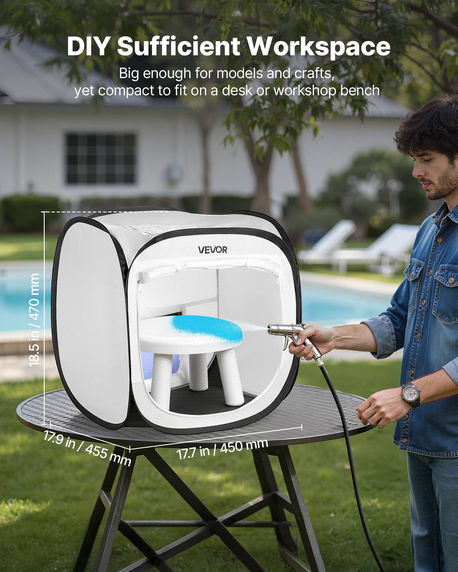 DIY Sufficient Workspace  
Big enough for models and crafts, yet compact to fit on a desk or workshop bench  

VEVOR  
18.5 in / 470 mm  
17.9 in / 455 mm  
17.7 in / 450 mm