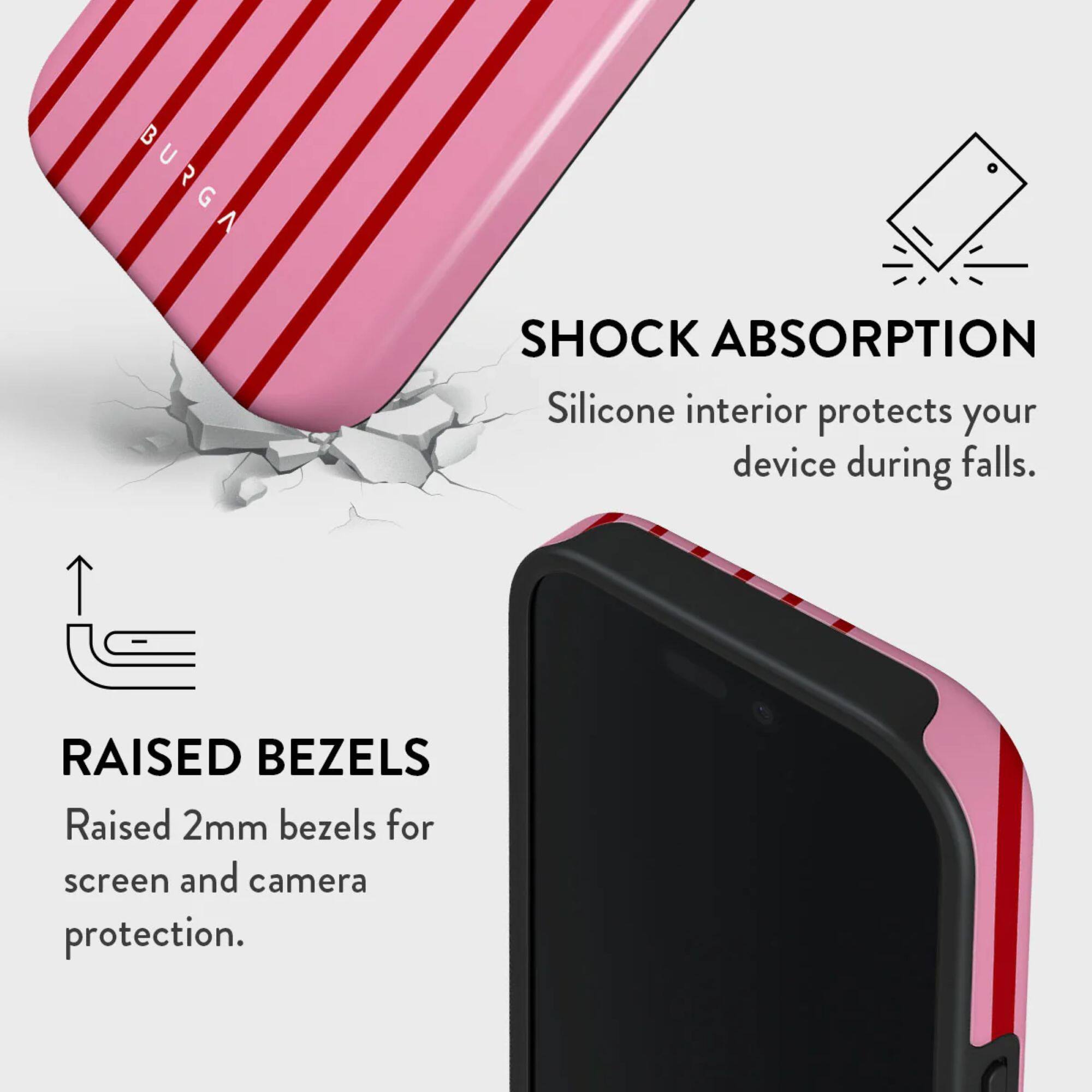 **SHOCK ABSORPTION**  
Silicone interior protects your device during falls.

**RAISED BEZELS**  
Raised 2mm bezels for screen and camera protection.