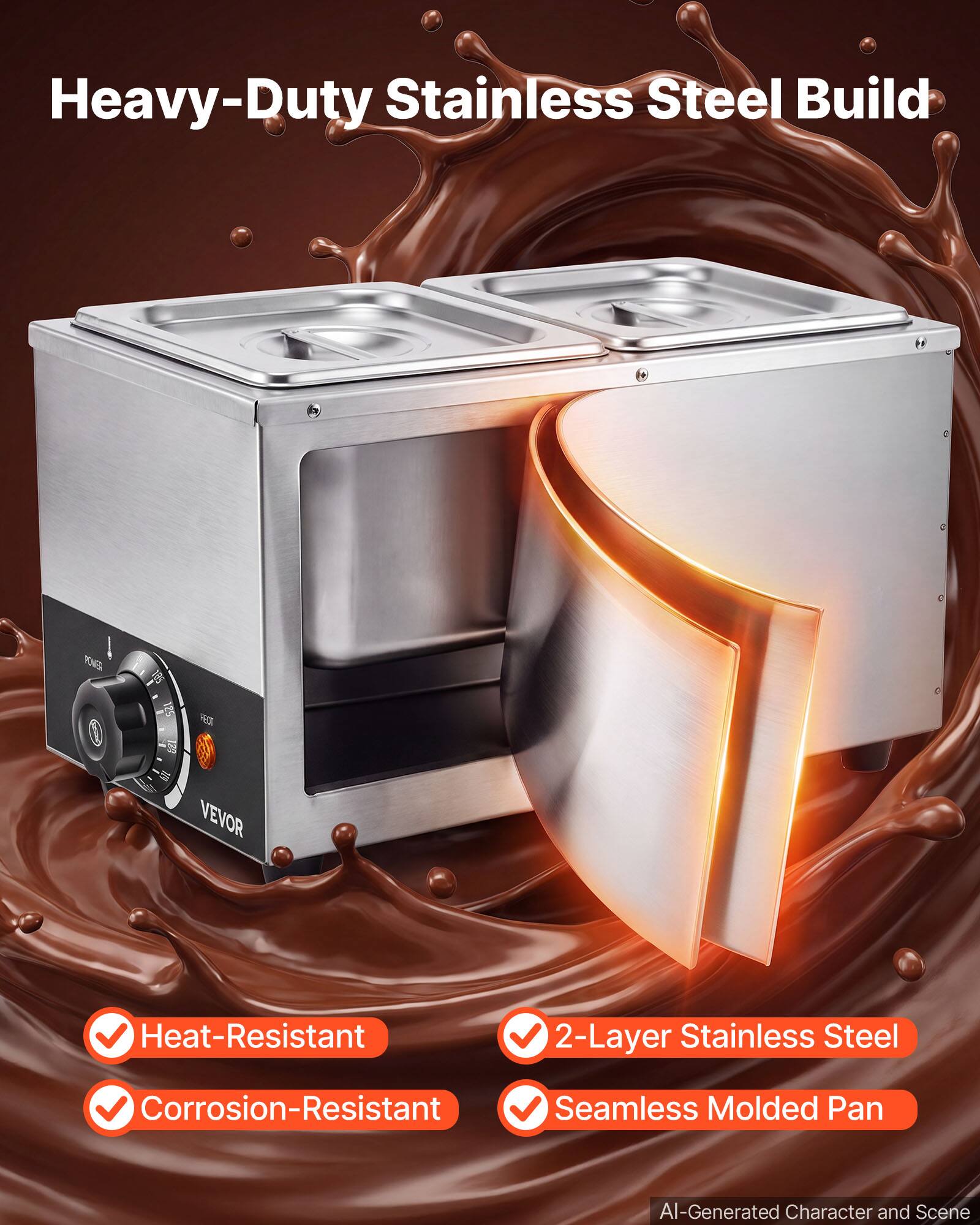 Heavy-Duty Stainless Steel Build

- Heat-Resistant
- Corrosion-Resistant
- 2-Layer Stainless Steel
- Seamless Molded Pan

POWER
VEVOR

AI-Generated Character and Scene