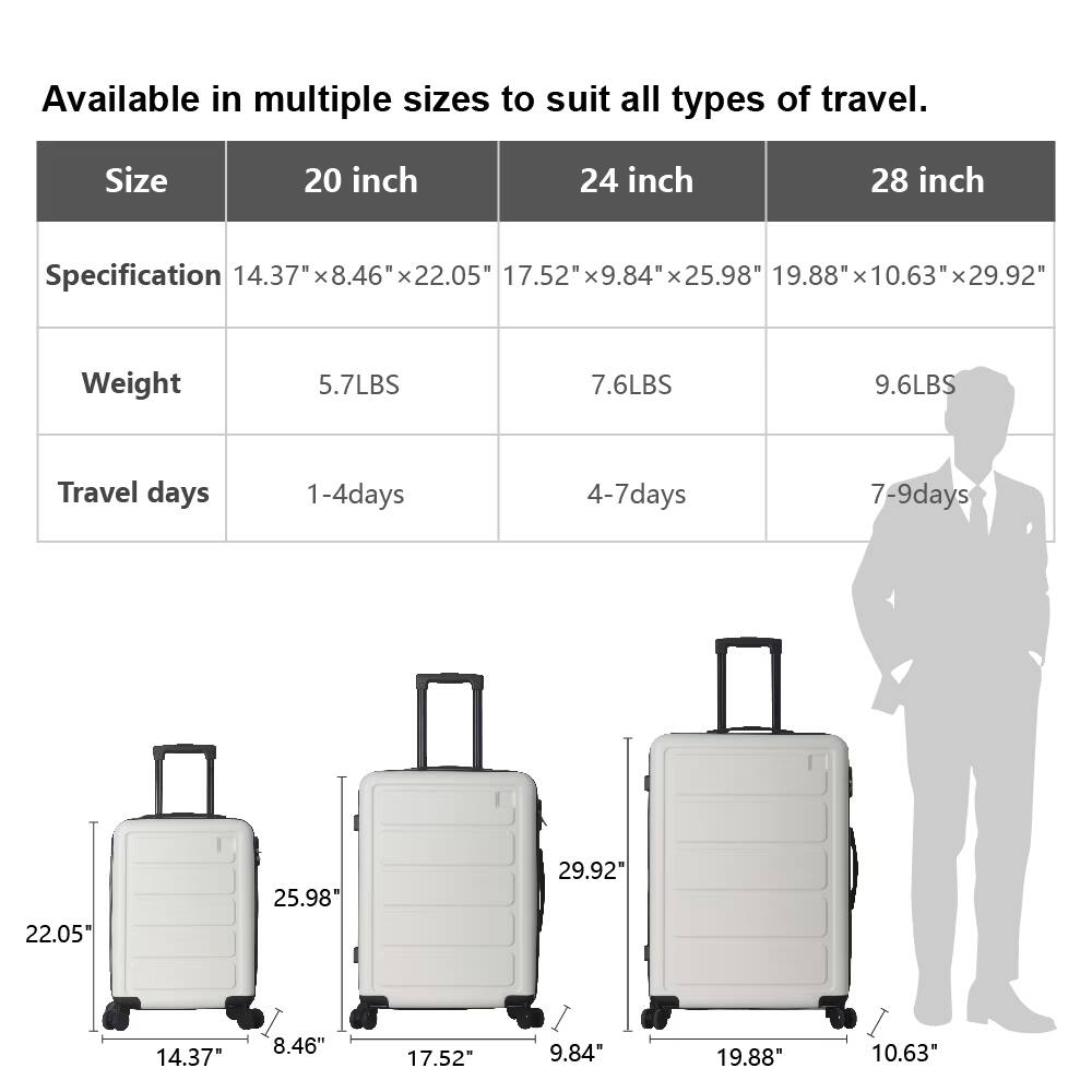 Available in multiple sizes to suit all types of travel.

| Size    | 20 inch          | 24 inch          | 28 inch          |
|---------|------------------|------------------|------------------|
| Specification | 14.37" x 8.46" x 22.05" | 17.52" x 9.84" x 25.98" | 19.88" x 10.63" x 29.92" |
| Weight  | 5.7LBS           | 7.6LBS           | 9.6LBS           |
| Travel days | 1-4 days        | 4-7 days        | 7-9 days        |

Dimensions:
- 20 inch: 14.37" x 8.46" x 22.05"
- 24 inch: 17.52" x 9.84" x 25.98"
- 28 inch: 19.88" x 10.63" x 29.9