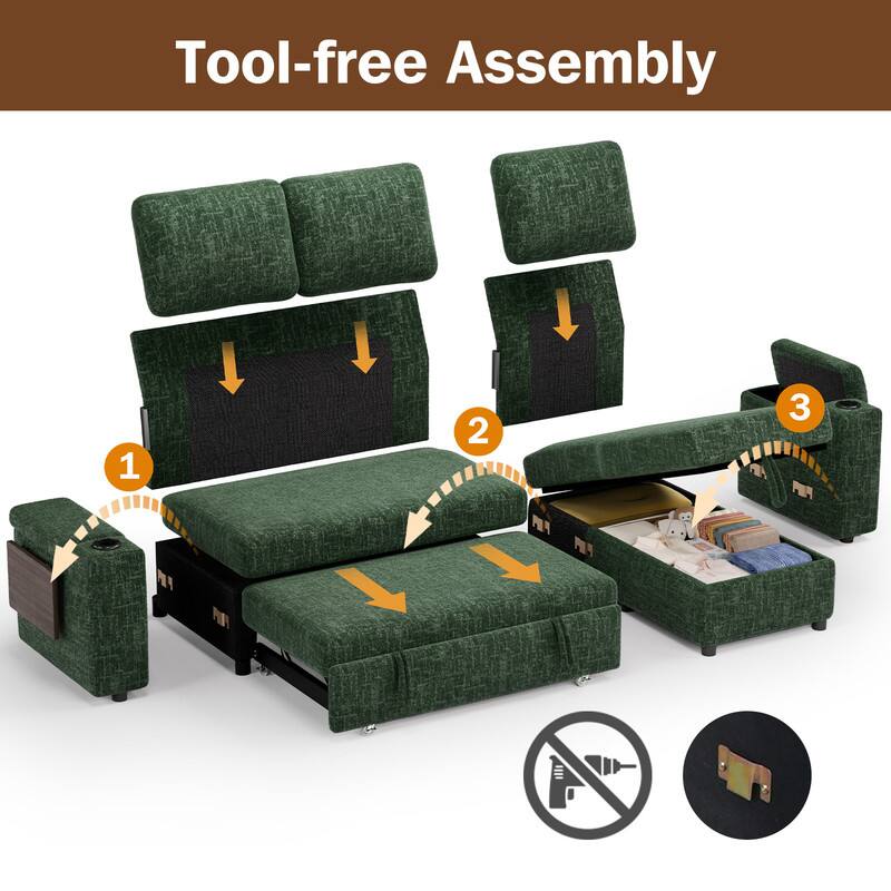 Tool-free Assembly

1. Place the sofa frame on the floor.
2. Attach the backrest and armrests.
3. Insert the storage box and secure it.