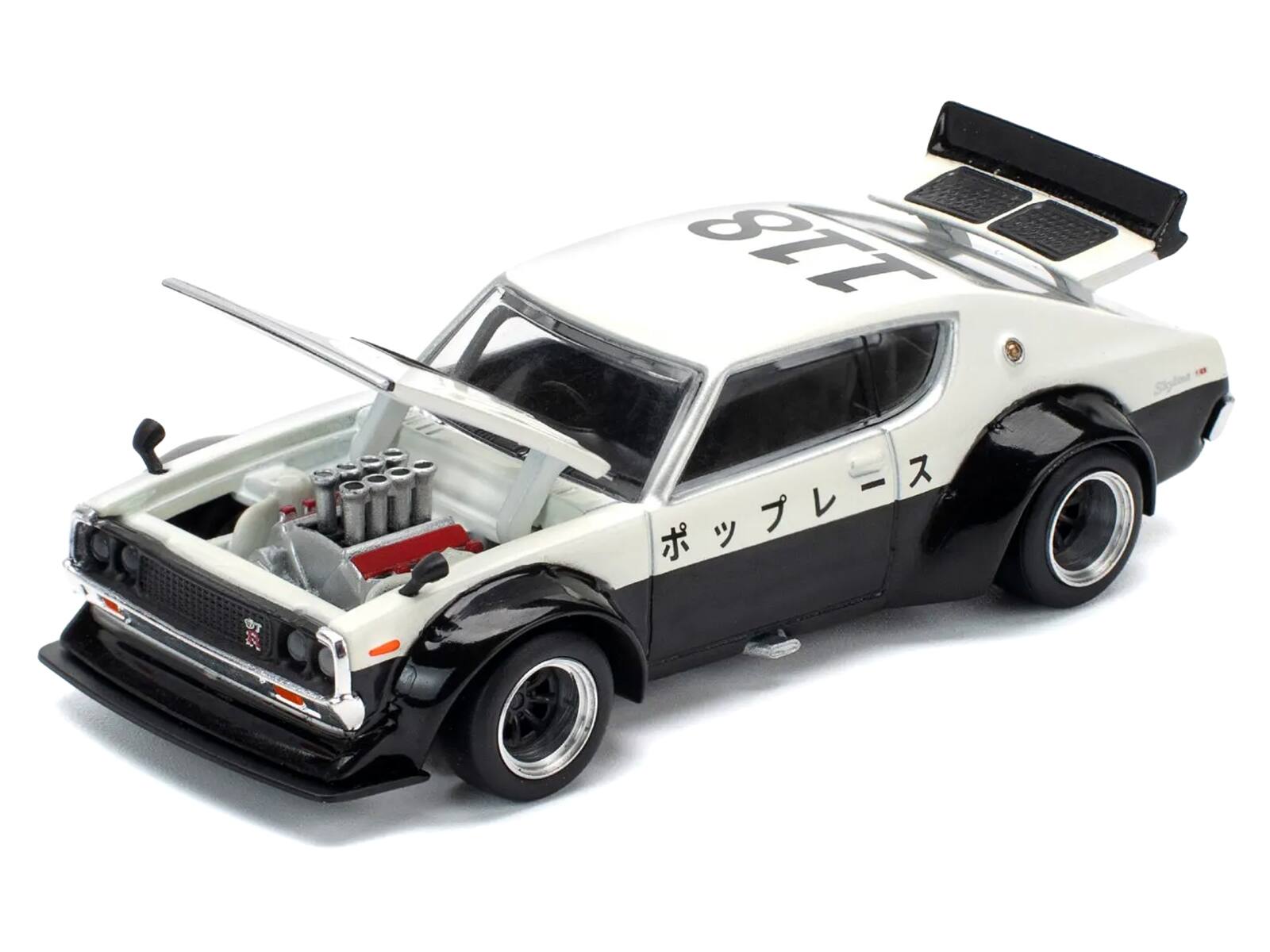 Alt View 1. Pop Race - Skyline KPGC110 "Kenmeri" RHD Japan National Police Agency Livery" Black and White 1/64 Die-Cast Model Car by Pop Race.