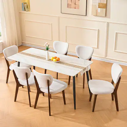 Front. Brick Attic - Wooden Dining Chairs, Modern Fabric Upholstered Kitchen Side Chairs with Foot Pegs Farmhouse Dining Room Chair, Set of 6 - Beige.