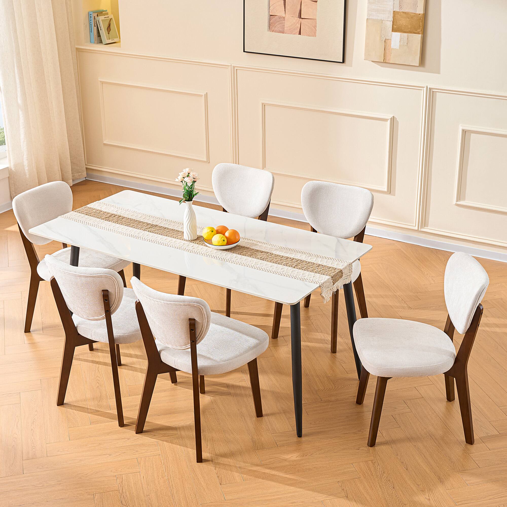 Front. Brick Attic - Wooden Dining Chairs, Modern Fabric Upholstered Kitchen Side Chairs with Foot Pegs Farmhouse Dining Room Chair, Set of 6 - Beige.