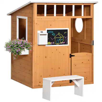 Front. Outsunny - Wooden Playhouse for Kids Outdoor, Working Door, Windows, Mailbox, Bench, Flowers Pot Holder, 48" x 42.5" x 53".