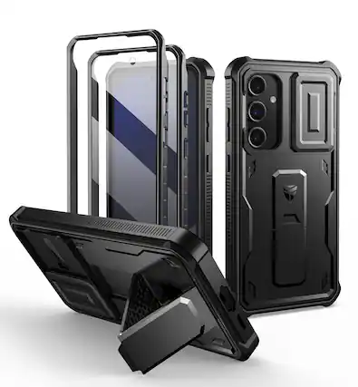 Front. dexnor - Dexnor for Samsung Galaxy S24 FE Case with Built-in Slide Camera Cover & Screen Protector & Kickstand,Black - Black.