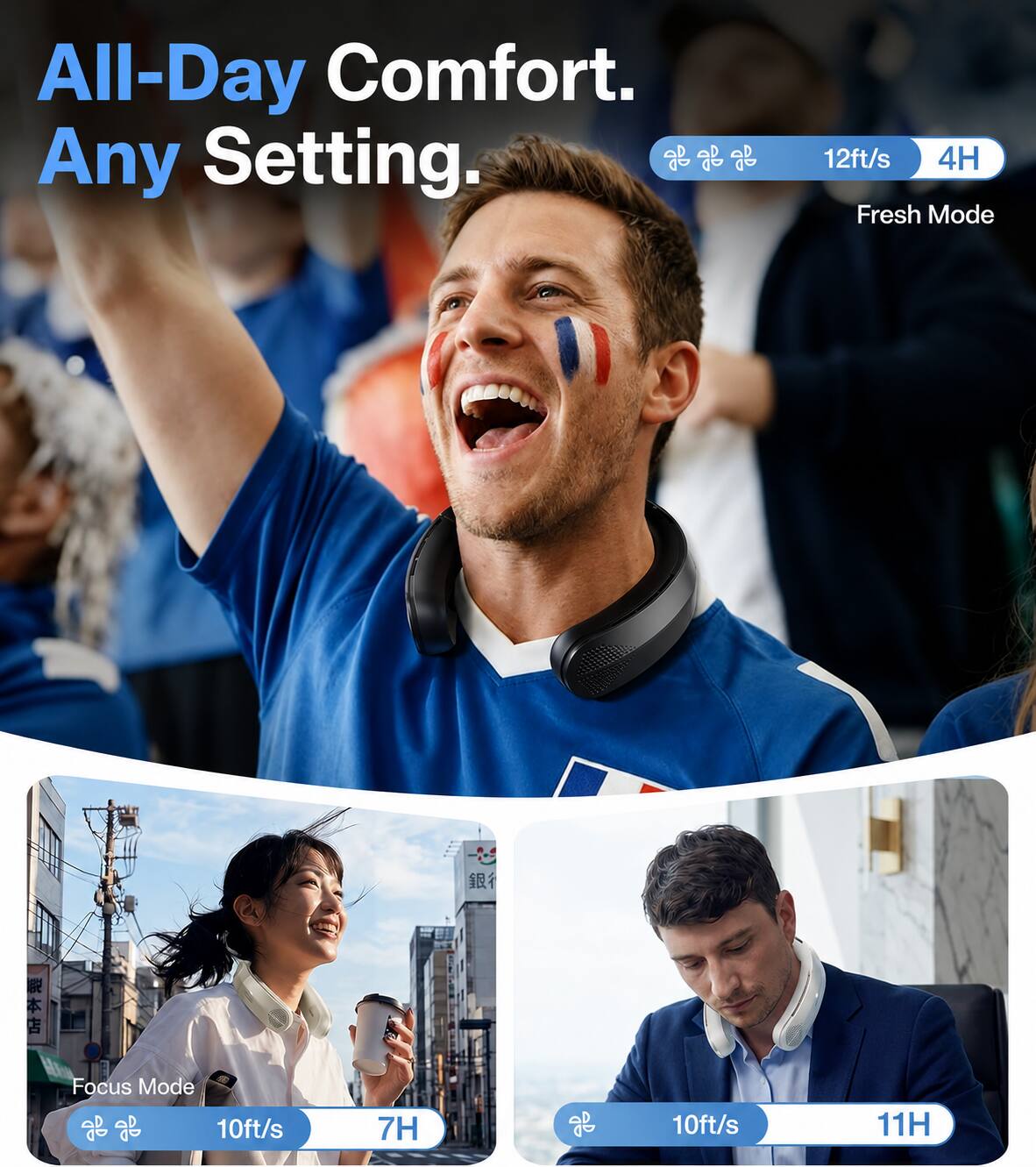 All-Day Comfort. Any Setting.

Fresh Mode
12ft/s
4H

Focus Mode
10ft/s
7H

10ft/s
11H