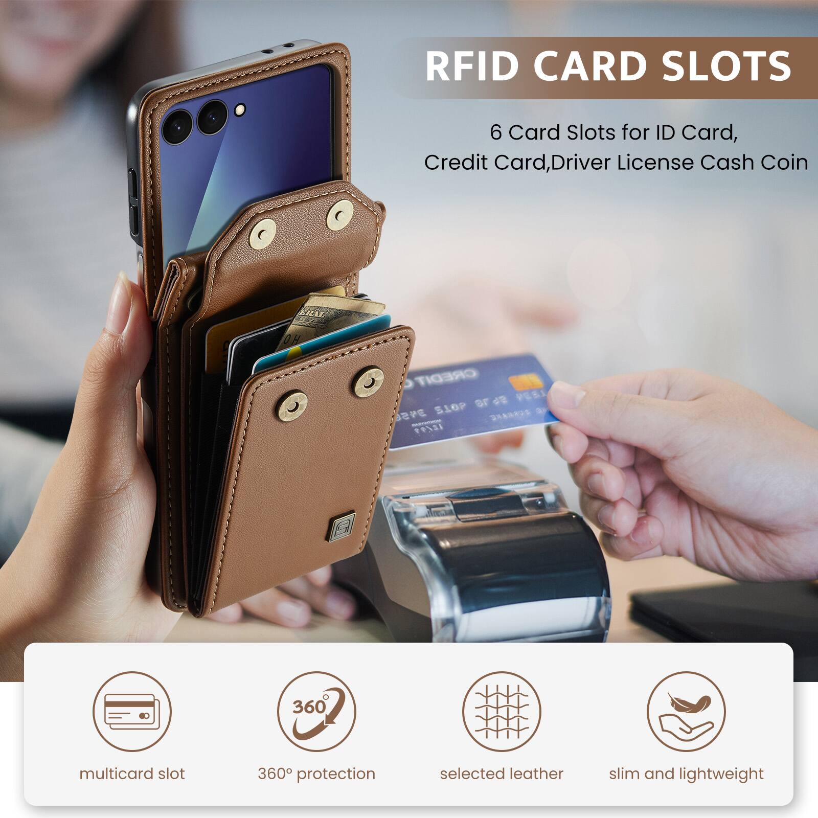 RFID CARD SLOTS  
6 Card Slots for ID Card, Credit Card, Driver License Cash Coin  

CREDIT 18 VESI 3456 SIOP 18/99  
360  
multicard slot  
360 protection  
selected leather  
slim and lightweight