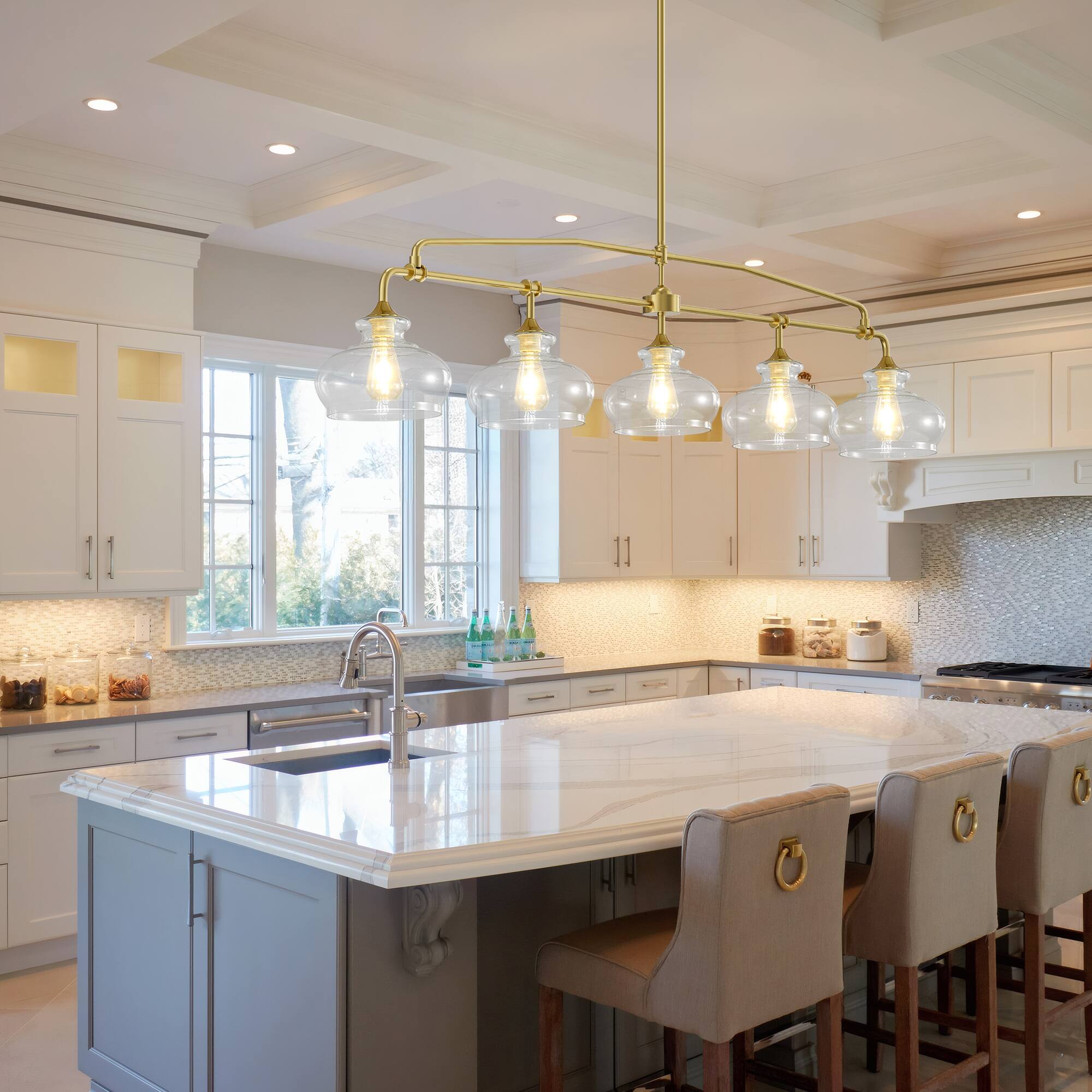 Angle. RYHNUYNE - 5-Light Adjustable Brass Kitchen Island Pendant Light with Clear Glass Shades Farmhouse Chandelier for Dining Table - Brass.