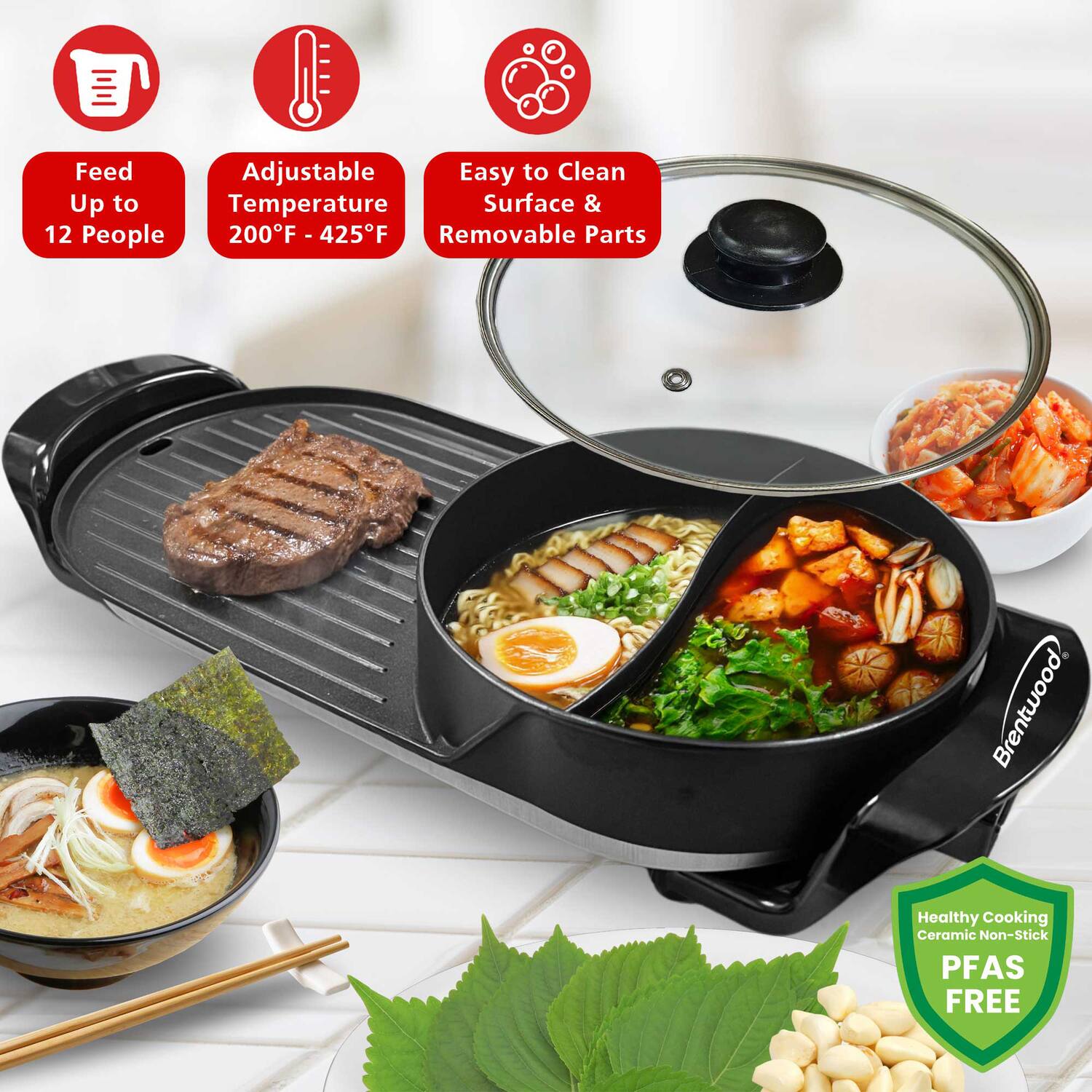 - Feed up to 12 people
- Adjustable temperature 200°F - 425°F
- Easy to clean surface & removable parts
- Healthy cooking ceramic non-stick
- PFAS free