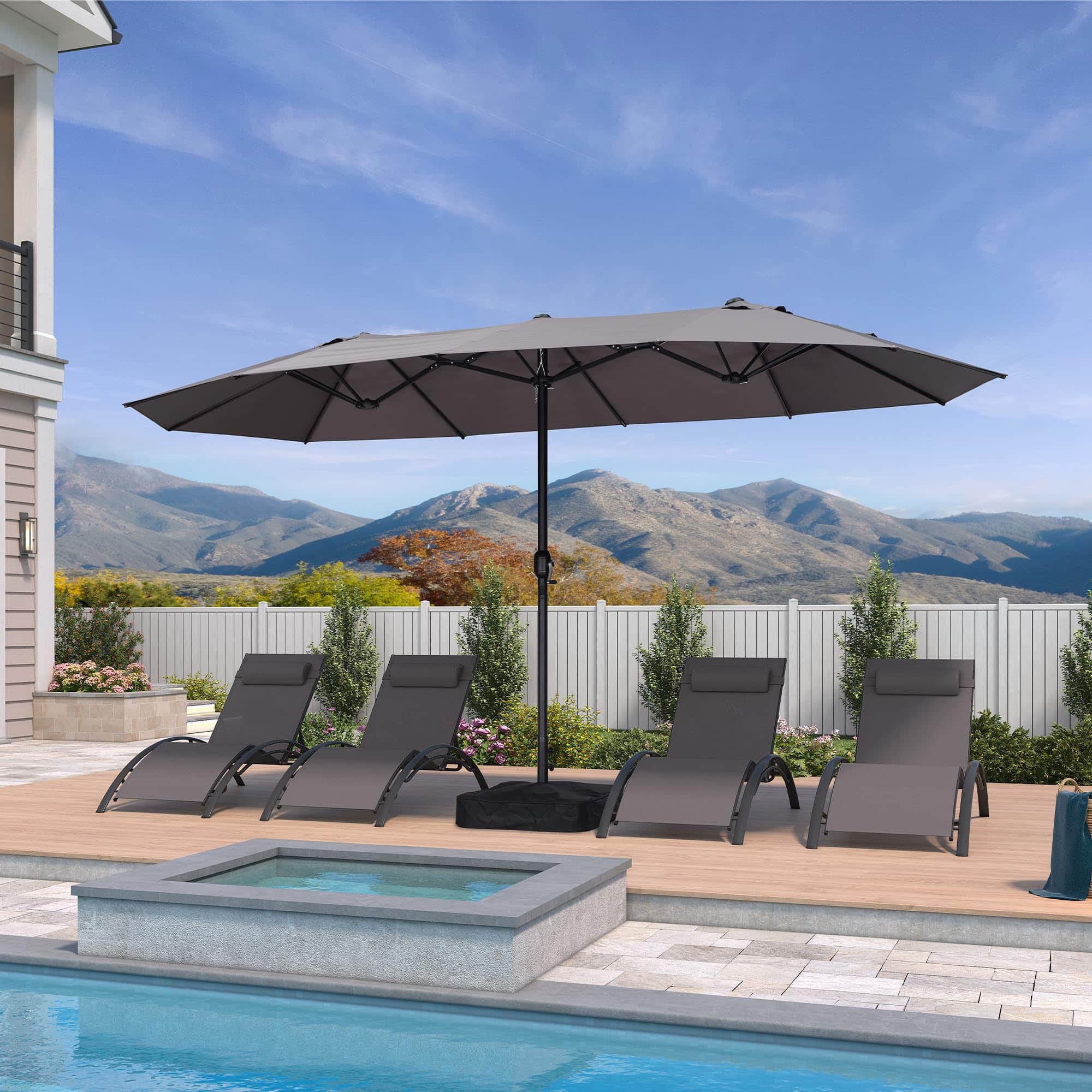 Front. PURPLE LEAF - 14 ft. Patio Market Umbrella with Base Double-Sided Outdoor Table Sun Umbrellas with Crank for Pool Beach Deck Backyard - Gray.