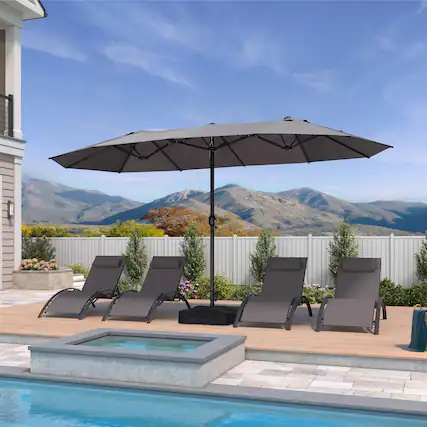 Front. PURPLE LEAF - 14 ft. Patio Market Umbrella with Base Double-Sided Outdoor Table Sun Umbrellas with Crank for Pool Beach Deck Backyard - Gray.