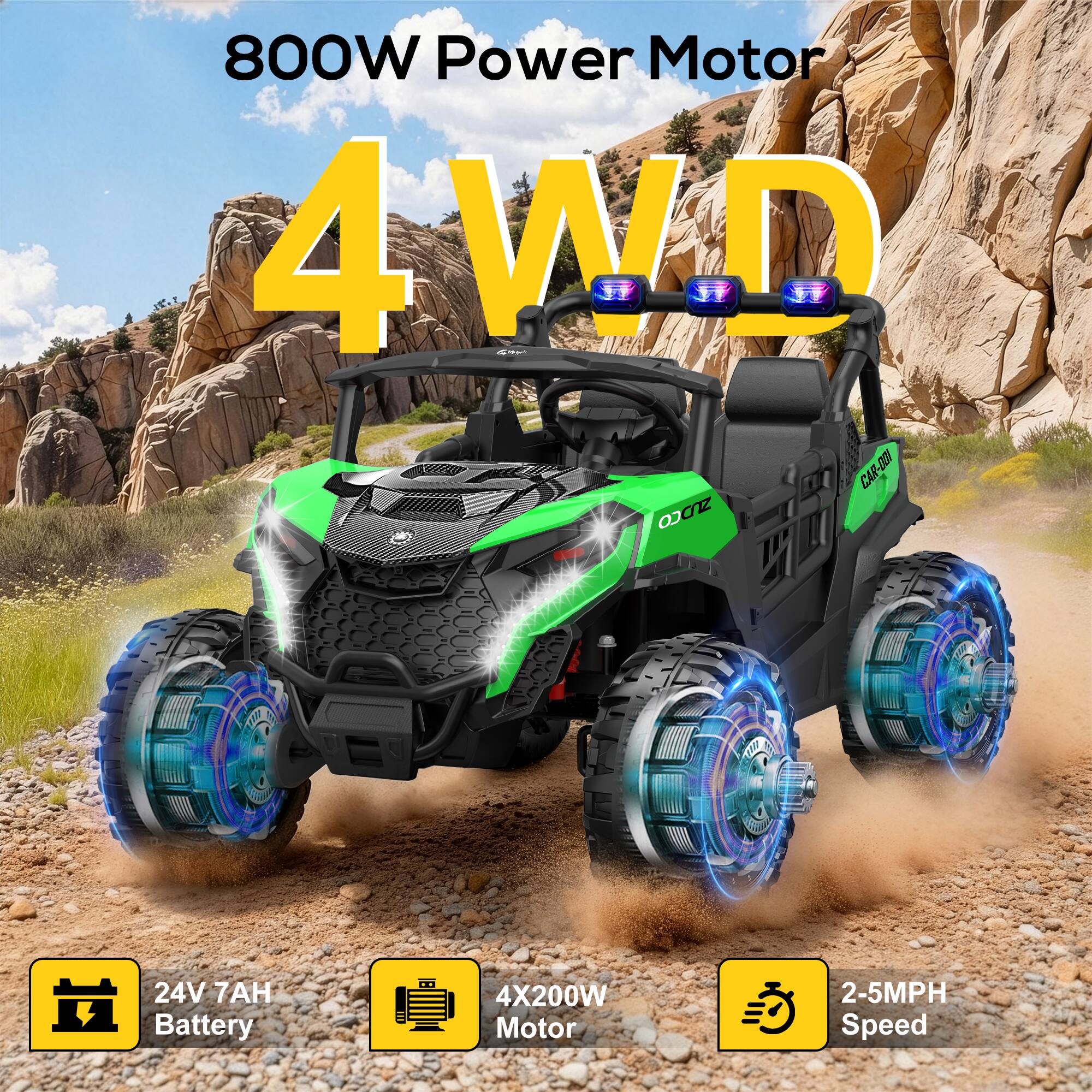 800W Power Motor  
4WD  
24V 7AH Battery  
4X200W Motor  
2-5MPH Speed