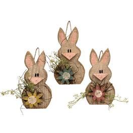 BreeBe - Rustic Wood Hanging Bunny w/Daisy - 9"H - 3 Asstd - Cream, Yellow, Pink, Blue