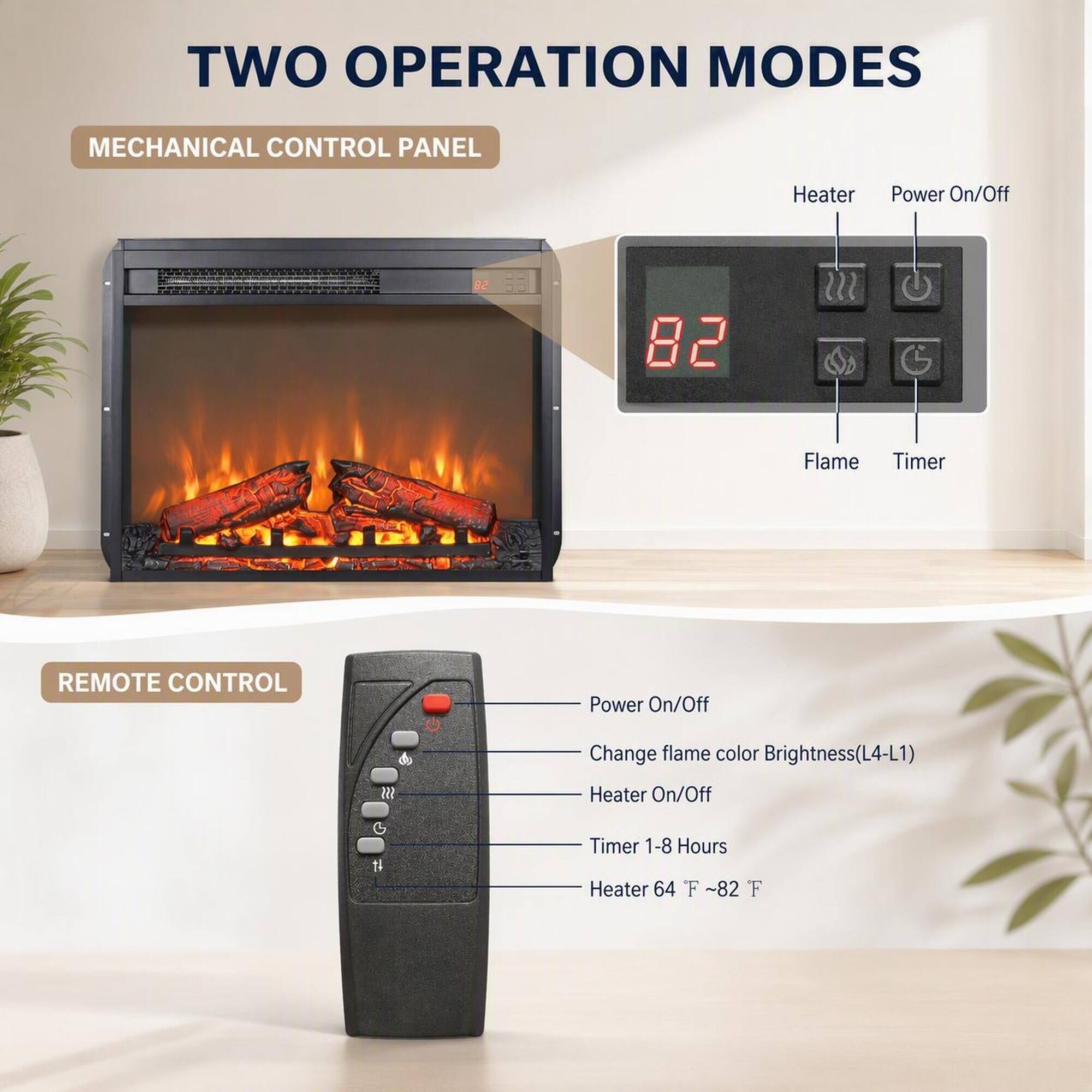 TWO OPERATION MODES

MECHANICAL CONTROL PANEL
- Heater
- Power On/Off
- Flame
- Timer

REMOTE CONTROL
- Power On/Off
- Change flame color Brightness (L4-L1)
- Heater On/Off
- Timer 1-8 Hours
- Heater 64°F ~82°F