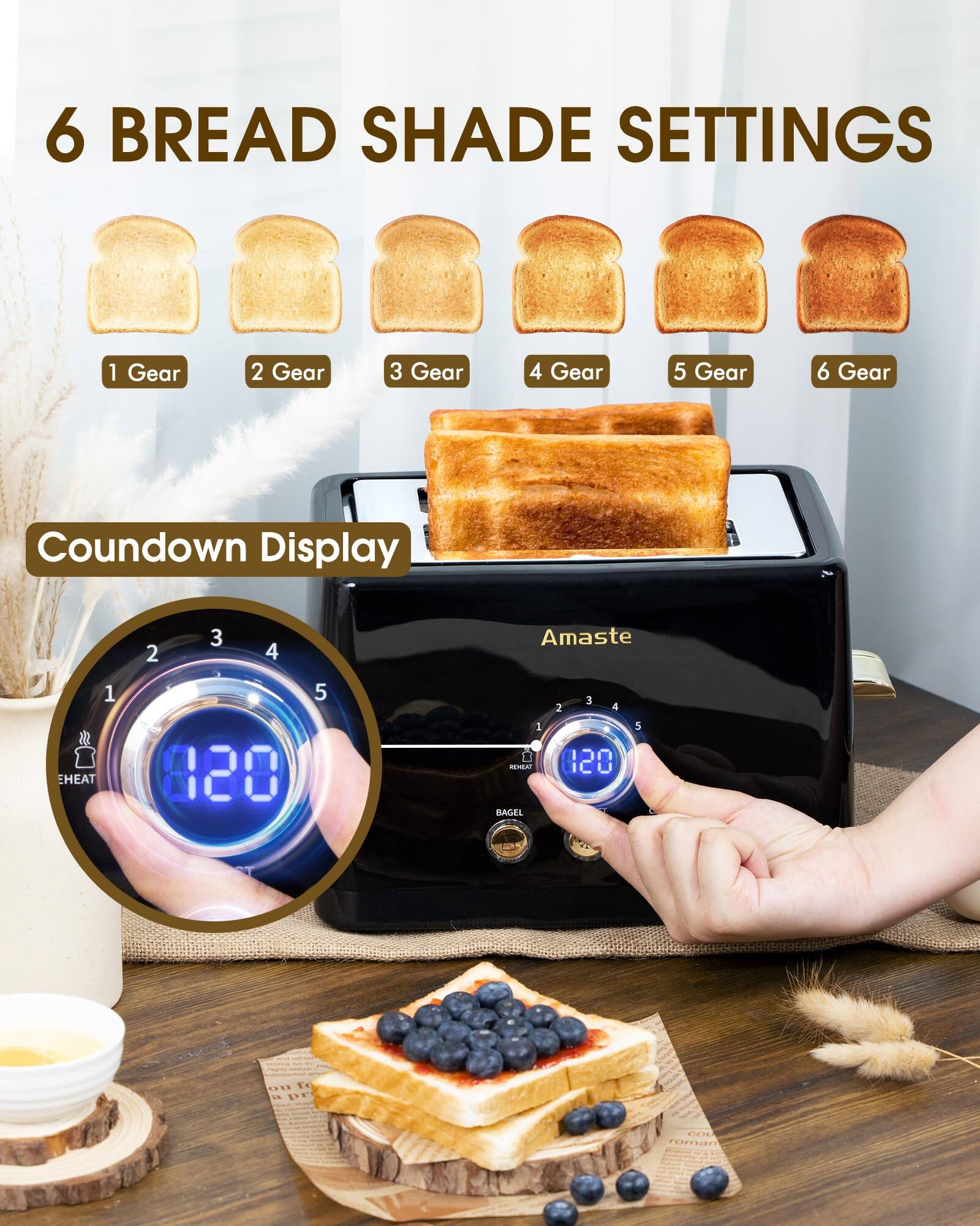 6 BREAD SHADE SETTINGS  
1 Gear  
2 Gear  
3 Gear  
4 Gear  
5 Gear  
6 Gear  

Coundown Display  

Amaste  

EHEAT  
120  

BAGEL  
120  

NEMA 120  
BAGEL OR TOAST  
INVERSE
