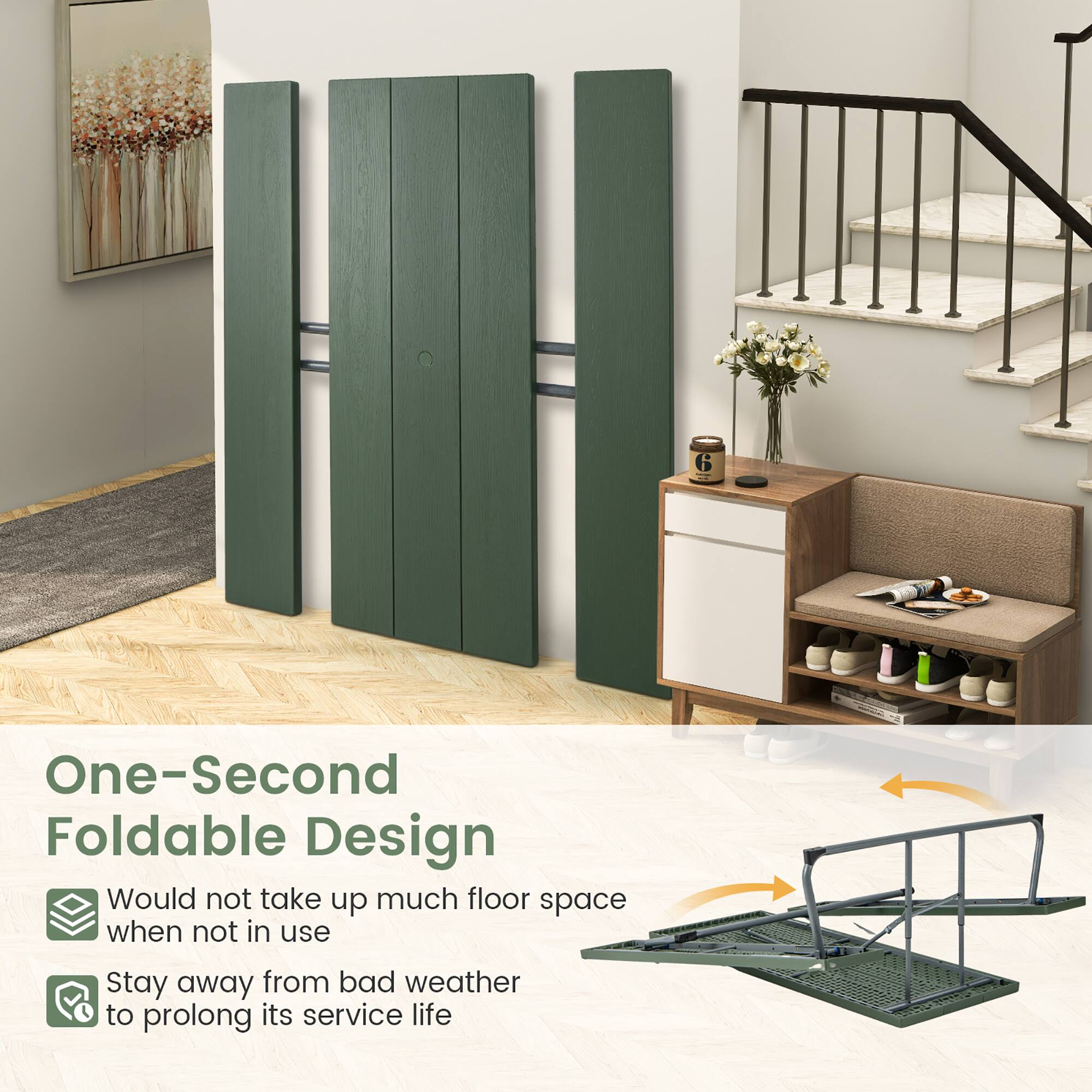 6 One-Second Foldable Design  
Would not take up much floor space when not in use  
Stay away from bad weather to prolong its service life