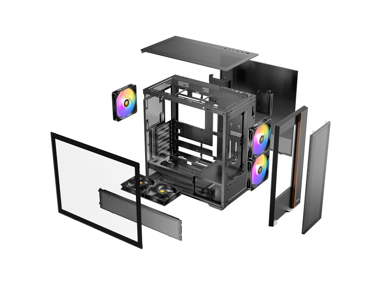 Alt View 7. Antec - Antec FLUX Rear, 5 PWM Fans, F-LUX Platform, Wood Accents, Tempered Glass, 360mm Radiator, ATX Mid-Tower Case - Premium Wood Accents.