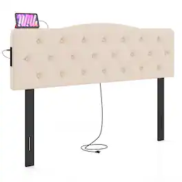Gymax - Headboard for Queen & Full Size Bed Tufted Upholstered Head Board w/2AC Outlets - Beige