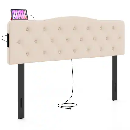Front. Gymax - Gymax Headboard for Queen & Full Size Bed Tufted Upholstered Head Board w/2AC Outlets Beige - Beige.