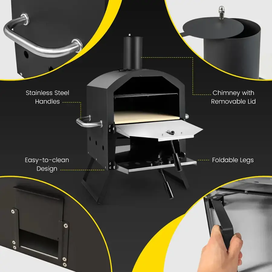 The text on the image is grouped and corrected as follows:

1. Stainless Steel Handles: Chimney with Removable Lid
2. Easy-to-clean Design: Foldable Legs