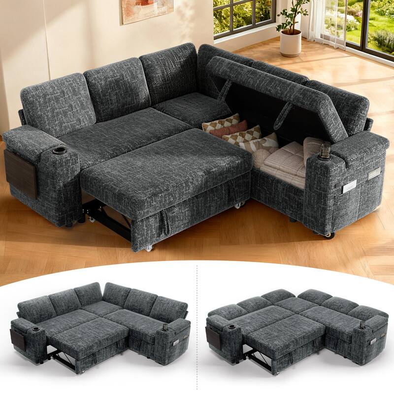 Left. Vipbear - 85" Modular Sectional Sofa with Pull Out Bed,Chenille Fabric 5 Seat Sectional Sleeper Sofa with Storage,for Living Room - Dark Dray.