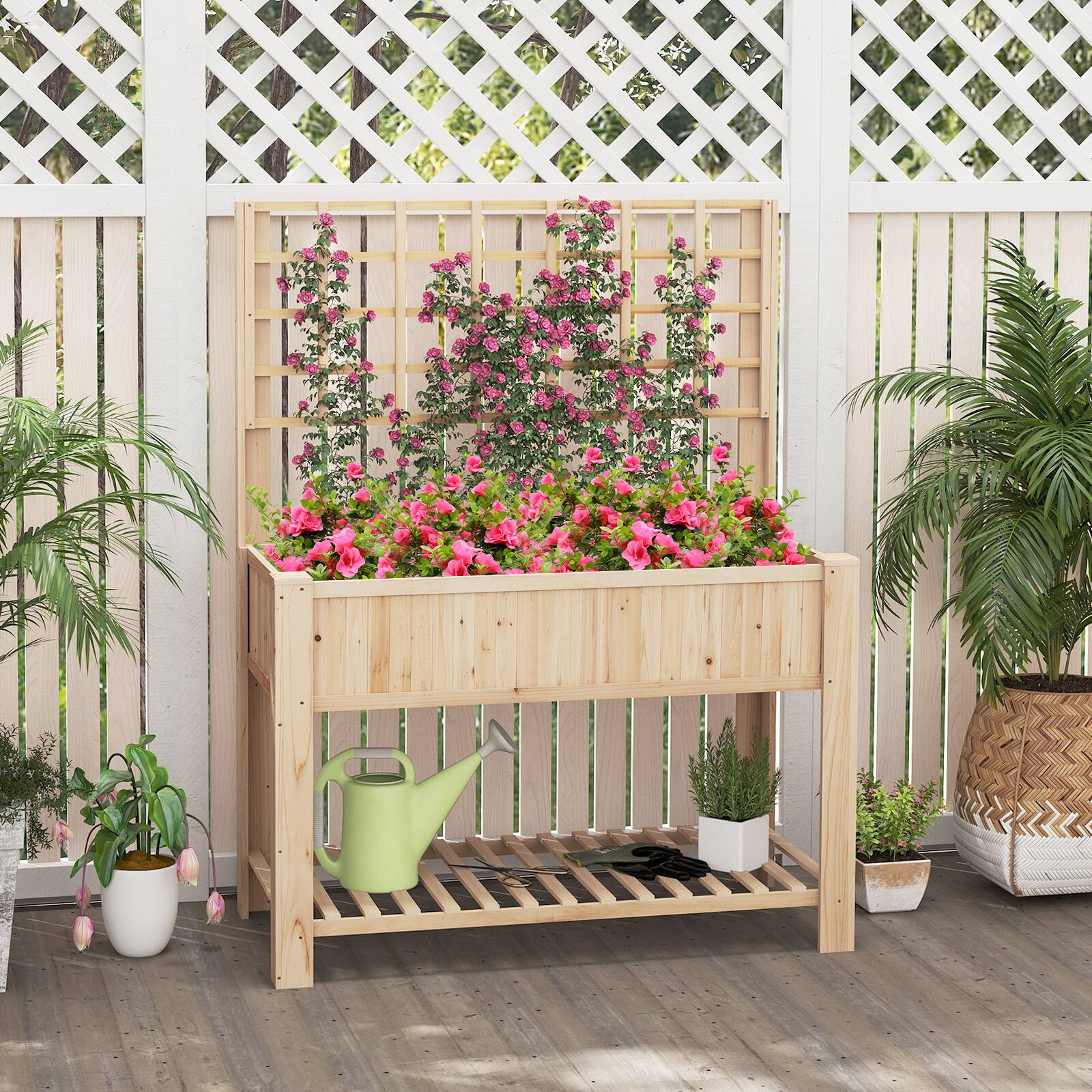 Alt View 3. Gymax - Gymax Raised Garden Bed w/ Trellis Wooden Elevated Planter Box w/ Legs & Liner Natural - Brown.