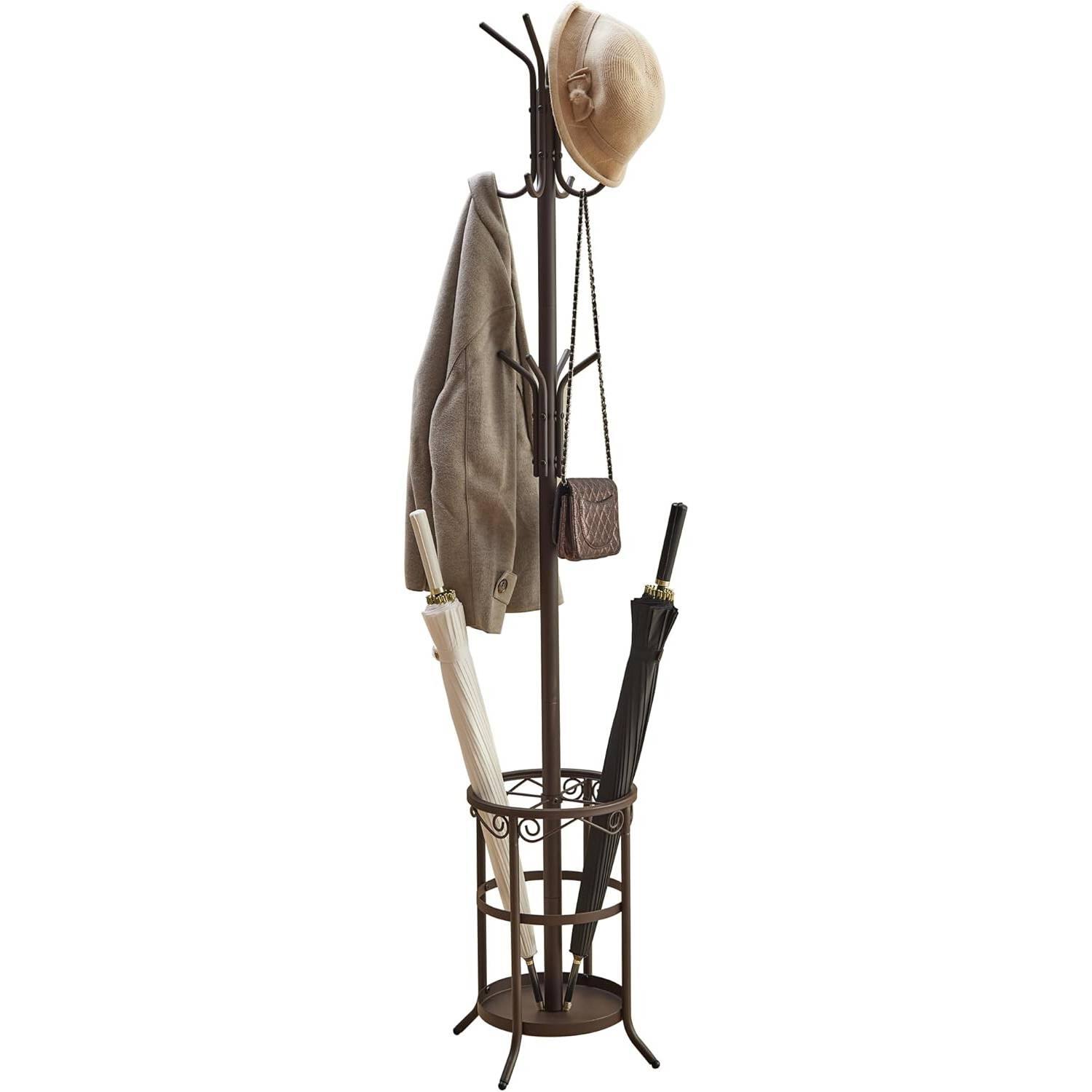 Angle. Hivvago - Brown Metal Coat Rack Entryway Hall Tree with Umbrella Stand - Brown.