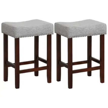 Front. Costway - Set of 2 Counter Height Bar Stools Saddle Kitchen Chairs with Wooden Legs - Grey/Brown.