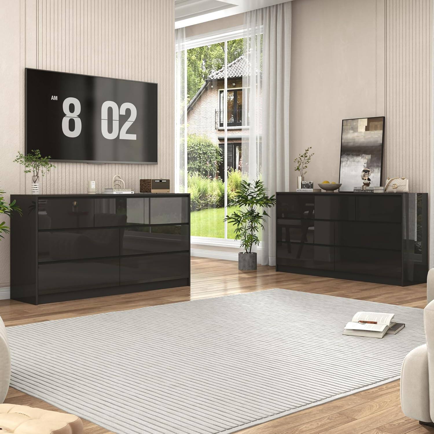 Left. Espafurni - Modern Malm Dresser - 55” Long, 7 Drawers, High Gloss, Handle - Free for Bedroom and More - Black.
