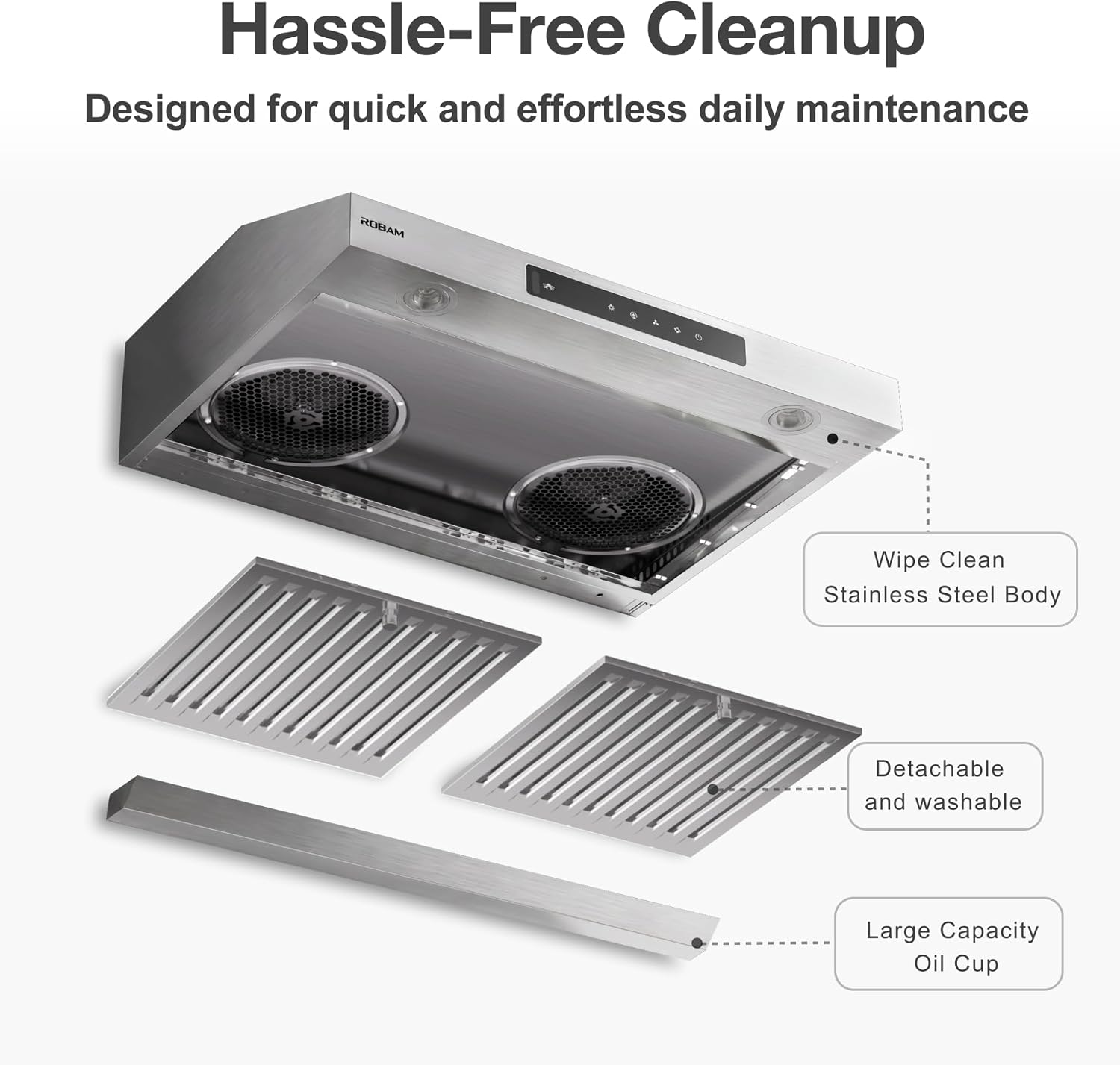 Hassle-Free Cleanup  
Designed for quick and effortless daily maintenance

ROBAM  
Wipe Clean Stainless Steel Body  
Detachable and washable  
Large Capacity Oil Cup