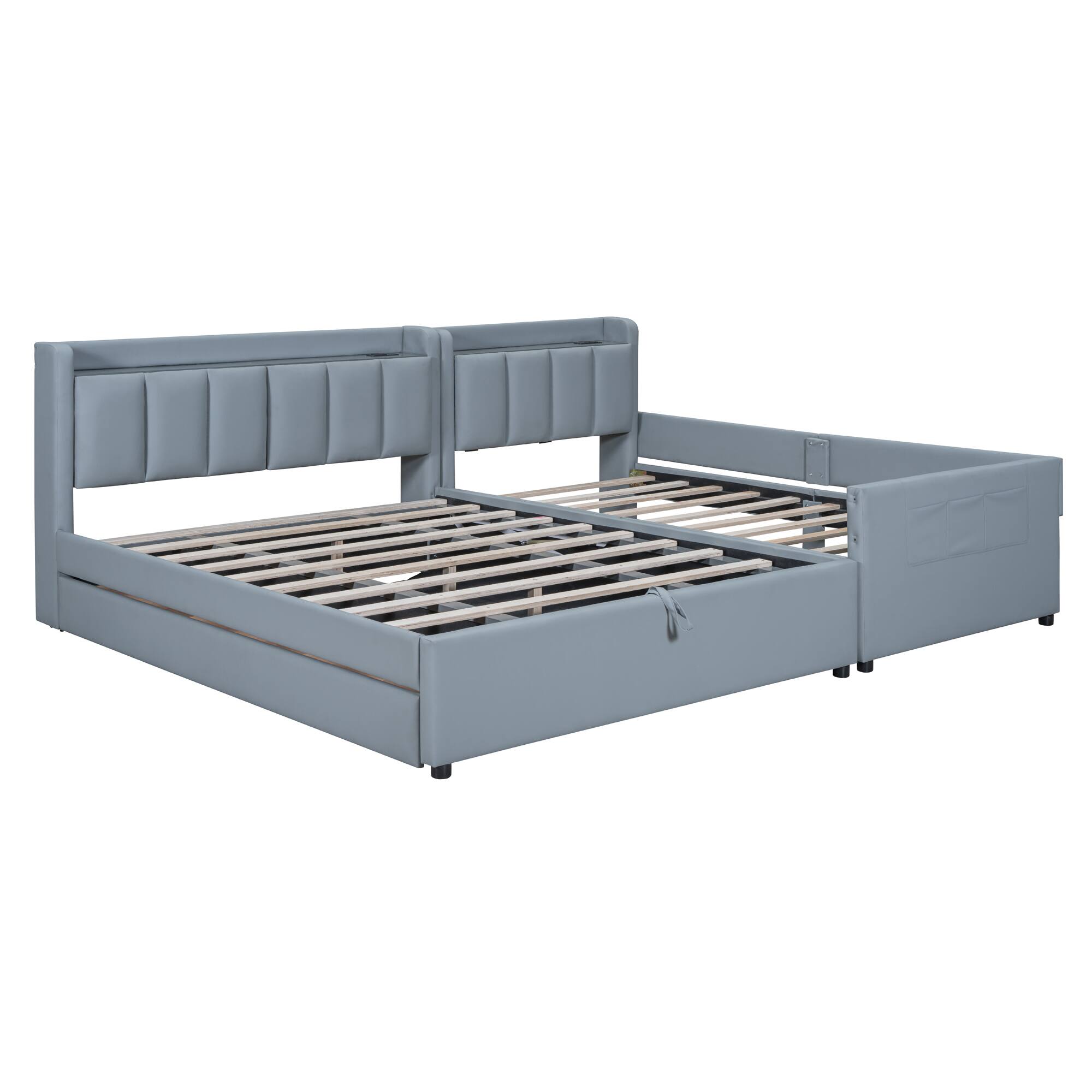 Alt View 4. Tiramisubest - Queen Size & Twin XL Size Upholstered Mother & Child Bed with Hydraulic Storage System, Drawer Box, shelf and USB Ports - Gray.