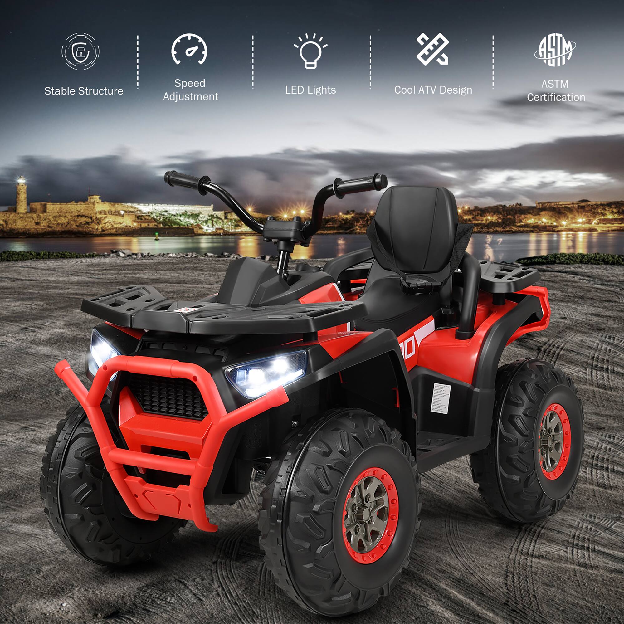 - Stable Structure
- Speed Adjustment
- LED Lights
- Cool ATV Design
- ASTM Certification