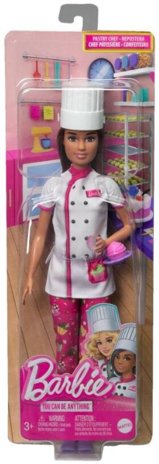 PASTRY CHEF - REPOSTERA  
CHEF PATISSIERE - CONFETIERO  

Barbie  
YOU CAN BE ANYTHING  

WARNING: CHOKING HAZARD - Small parts. Not for children under 3 years.  
ATTENTION: RISQUE DE SOUFFLEMENT - Petits éléments. Ne convient pas aux enfants de moins de 3 ans.  

3+  
MATTEL