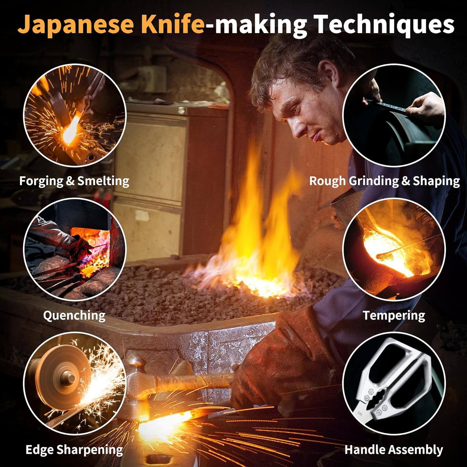 Japanese Knife-making Techniques

- Forging & Smelting
- Rough Grinding & Shaping
- Quenching
- Tempering
- Edge Sharpening
- Handle Assembly