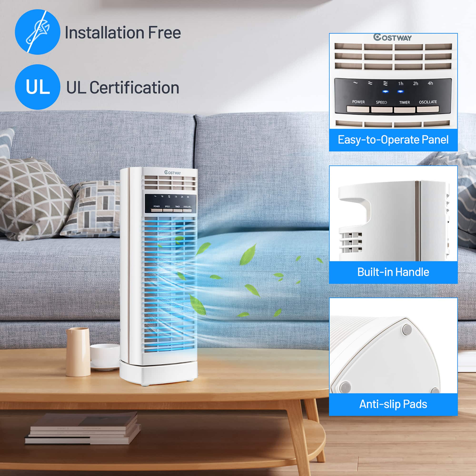 Installation Free OSTWAY UL Certification Power by Speed 1h Timer Oscillate Easy-to-Operate Panel Built-in Handle Anti-slip Pads