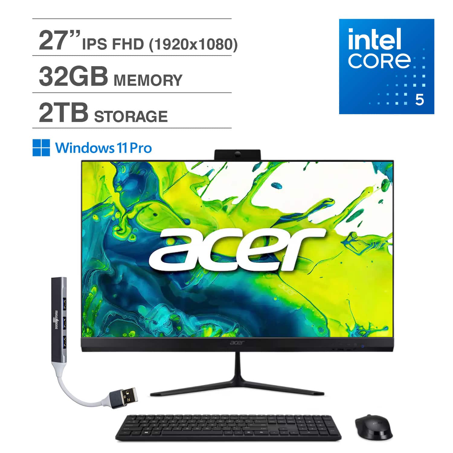 Acer - Aspire C27 All-in-One 27 FHD Display (Core 5 120U, 32GB, 2TB SSD, Integrated Graphics, Win 11 Pro) w/USB Hub